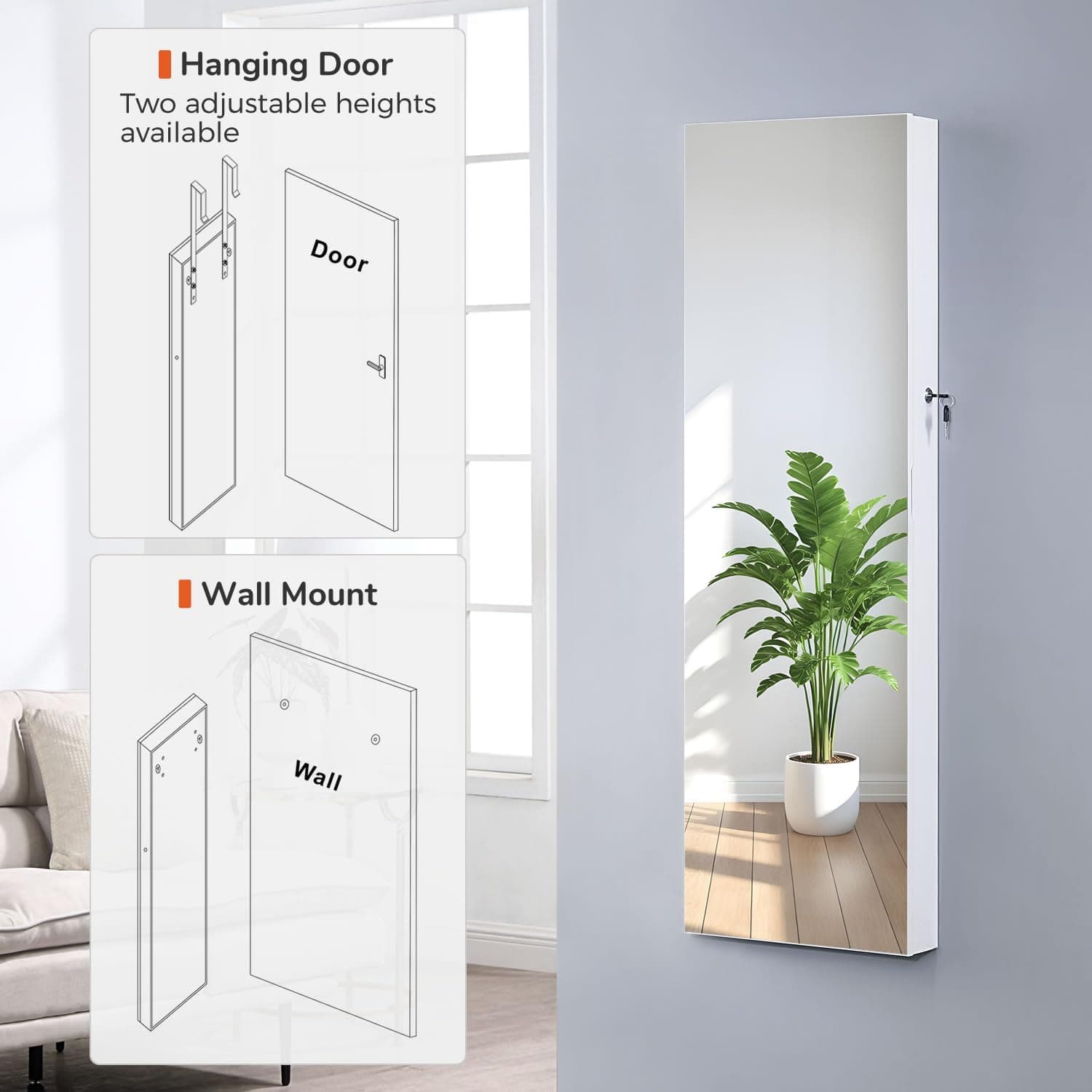 GISSAR Mirror Jewelry Cabinet, LED Lights Wall Mount Door Hanging Full Length Jewelry Organizer Armoire with Built-in Makeup Mirror and Jewelry Storage, Large Capacity Lockable Jewelry Armoire, White - Image 3