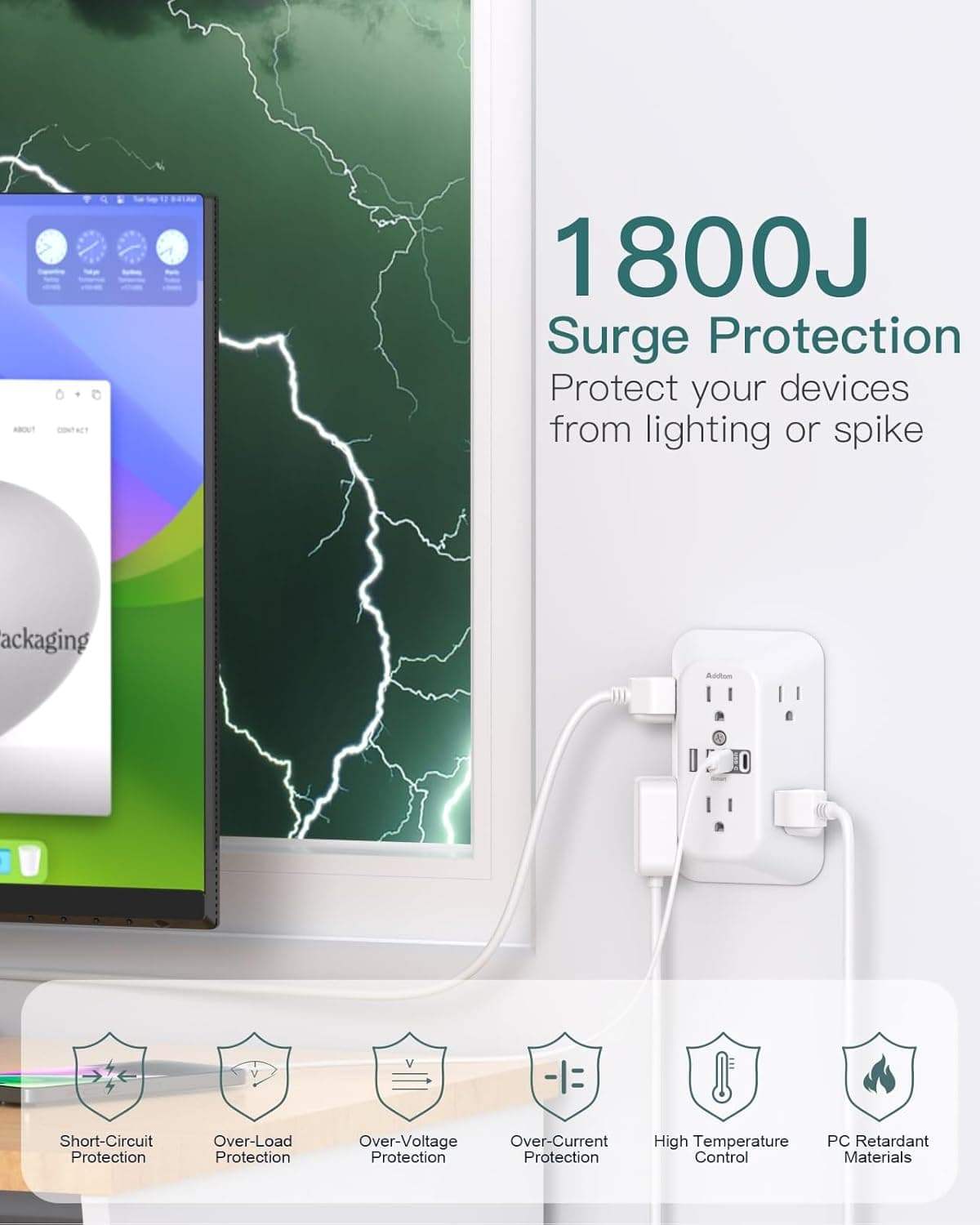 Addtam Surge Protector Outlet Extender, 6-Outlet Splitter with 4 USB Wall Charger(2 USB-C Ports), Multi Plug Wall Outlet 1800J Power Strip for Home Office Dorm Room Essentials 6 AC Outlets, 1 Pack - Image 5