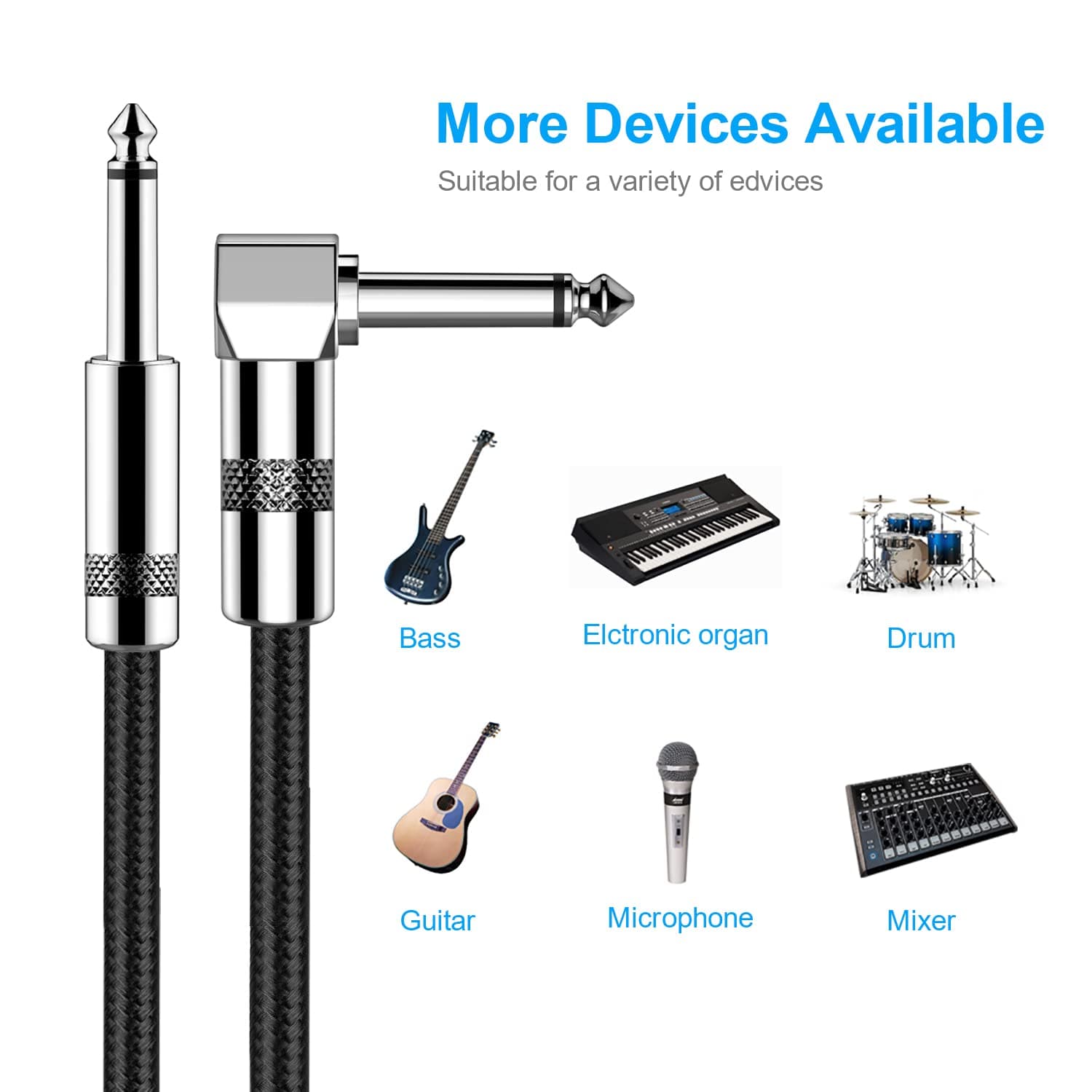 New Bee Guitar Cable 10ft Electric Instrument Bass AMP Cord for Electric Mandolin, Pro Audio (Right Angle to Straight, Black) 10FT Right - Image 4