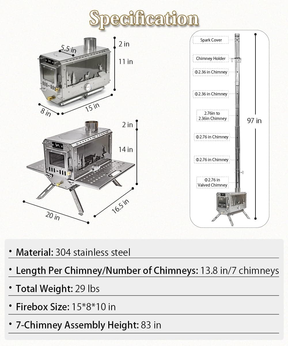 TOMOUNT Hot Tent Stove,Wood Stove with 7 Chimney Pipes,304 Stainless Camping Tent Stove with Spark Damper, Wood Burning Stove for Cooking and Heating，with heat-resistant Glass Window stainless steel color - Image 8