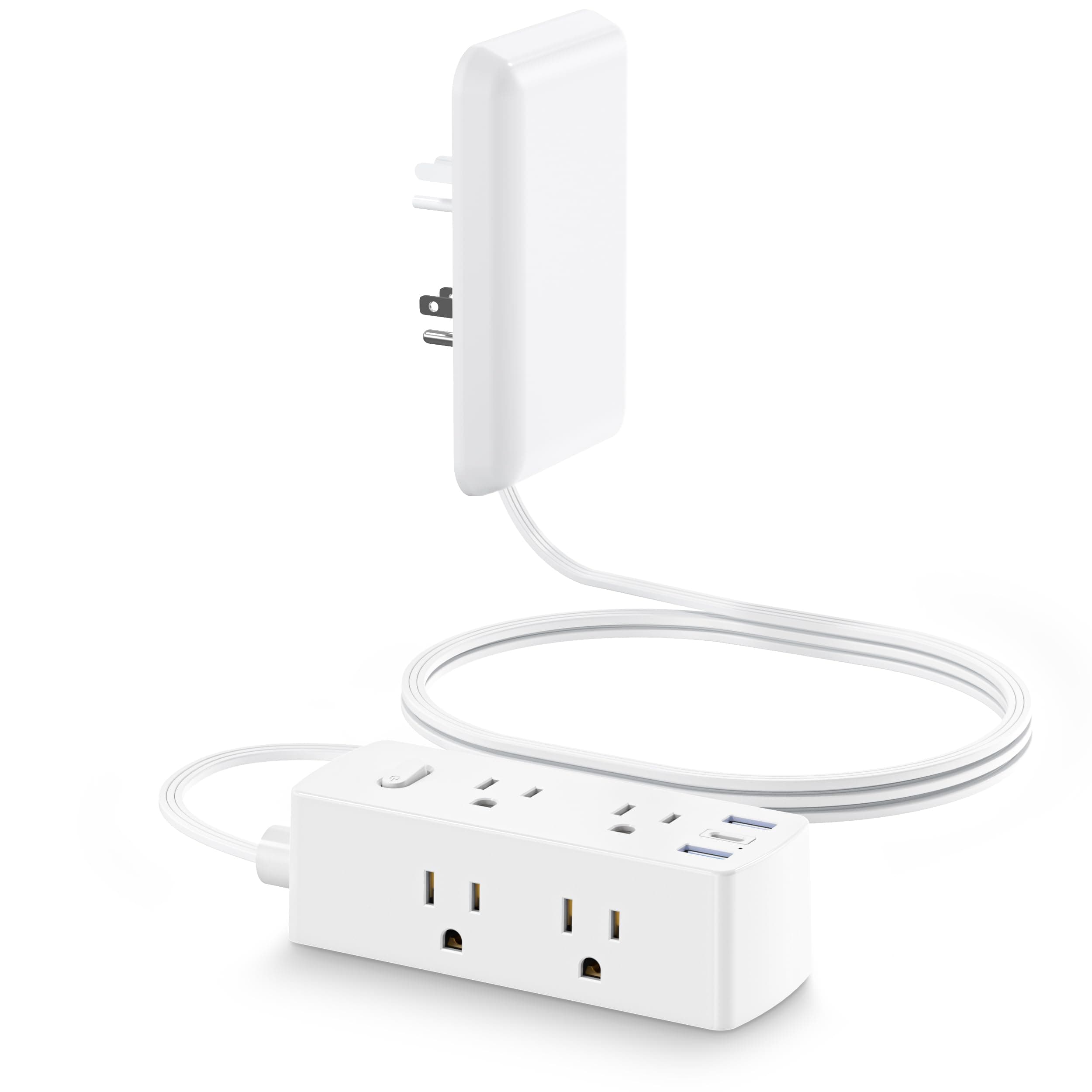 Flat Extension Cord with Outlet Cover, Flat Plug Power Strip with 6 Outlets and 3 USB Ports, 2000 Joules Surge Protector, 5 FT Cord Hidden Outlet Extender for Tight Spaces, White 5 FT 6AC+3USB