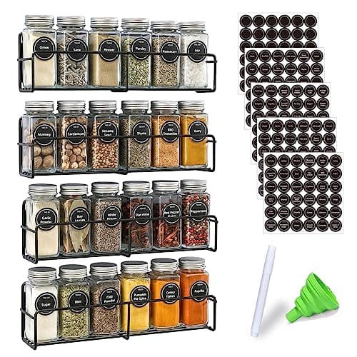 VITEVER Magnetic Spice Rack, 4 Pack, 24 Square Glass Jars with Lids, Quick-Find Pre-Printed Labels, Funnel, Space Saver, Refrigerator and Microwave Oven Organizer - Image 7