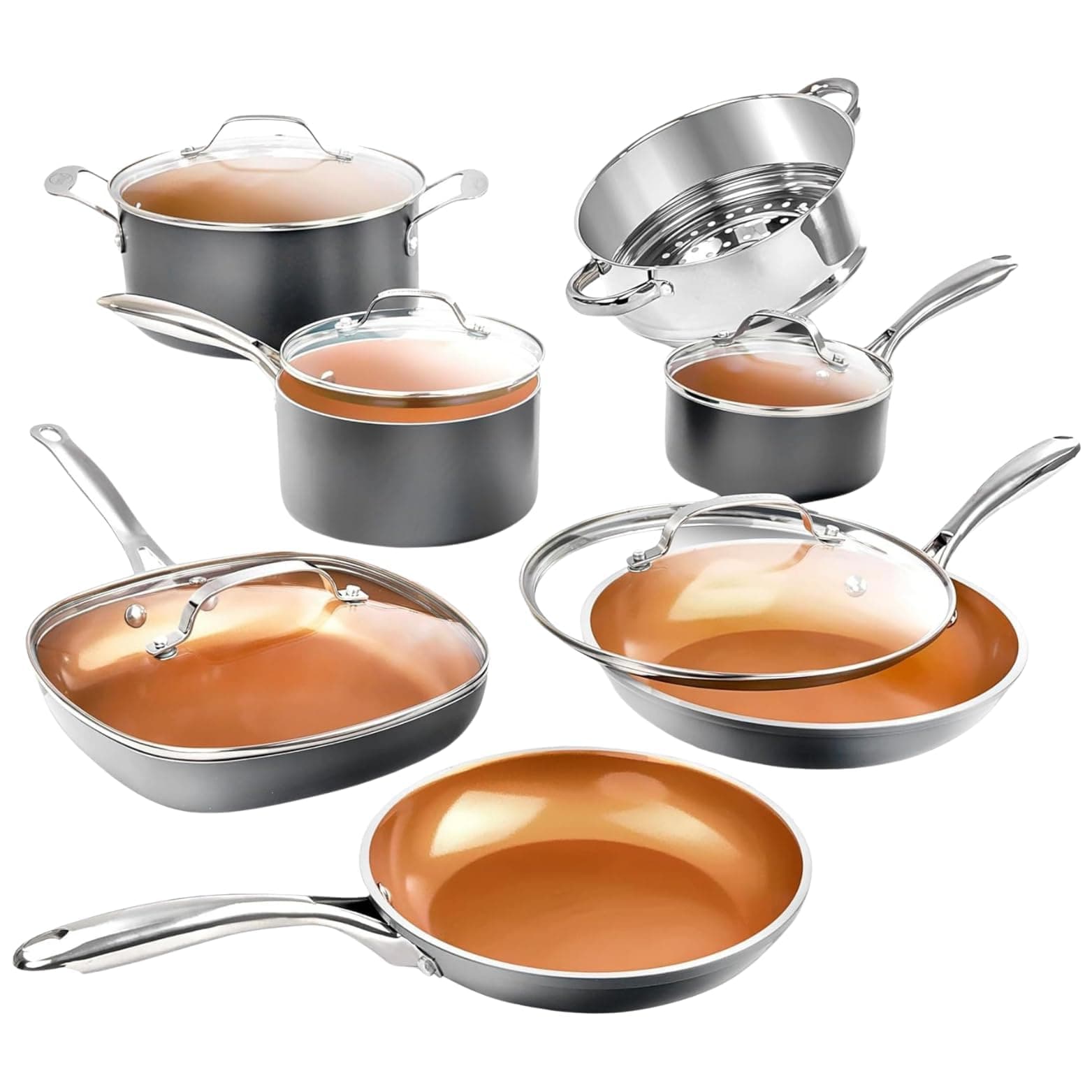 Gotham Steel 12 Pc Ceramic Cookware Set Nonstick, Ceramic Pots and Pans Set Non Stick with Steamer for Cooking, Non Toxic PFOA PFOS Free, Ergonomic Stay Cool Handles, Oven & Dishwasher Safe, Copper 12 Piece Set