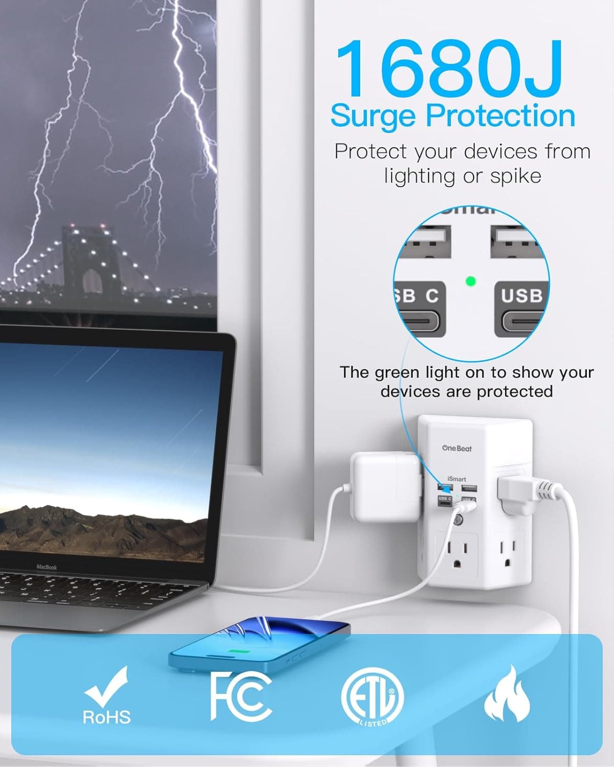 One Beat 1680J 3 Side Power Strip Multi Plug Expander, Surge Protector, 5 Outlets Extender, 4 USB Ports (USB C), Wall Mount Charger, Outlet Splitter Adapter for Home, Travel, Office, ETL Listed, White 15.5W,1Pack,None White - Image 6