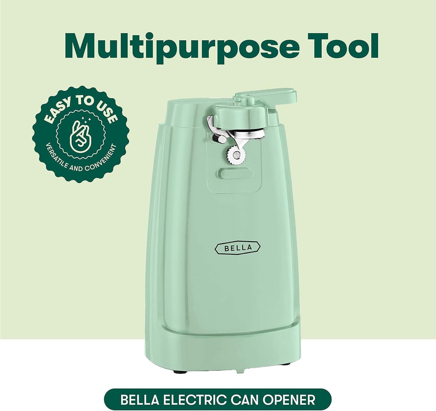 BELLA Electric Can Opener and Knife Sharpener, Multifunctional Jar and Bottle Opener with Removable Cutting Lever and Cord Storage, Stainless Steel Blade, Sage - Image 6