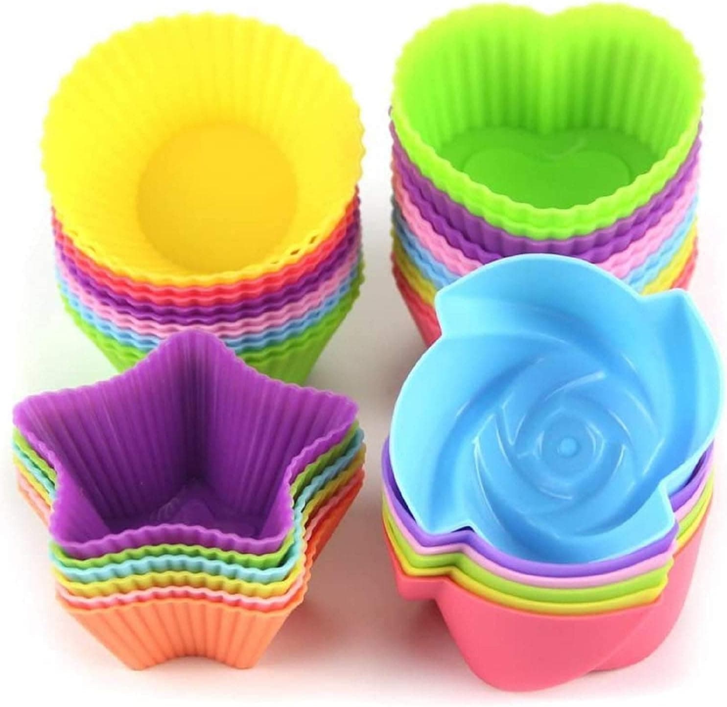 LetGoShop Silicone Cupcake Liners Reusable Baking Cups Nonstick Easy Clean Pastry Muffin Molds 4 Shapes Round, Stars, Heart, Flowers, 24 Pieces Colorful Multicolor - Image 2