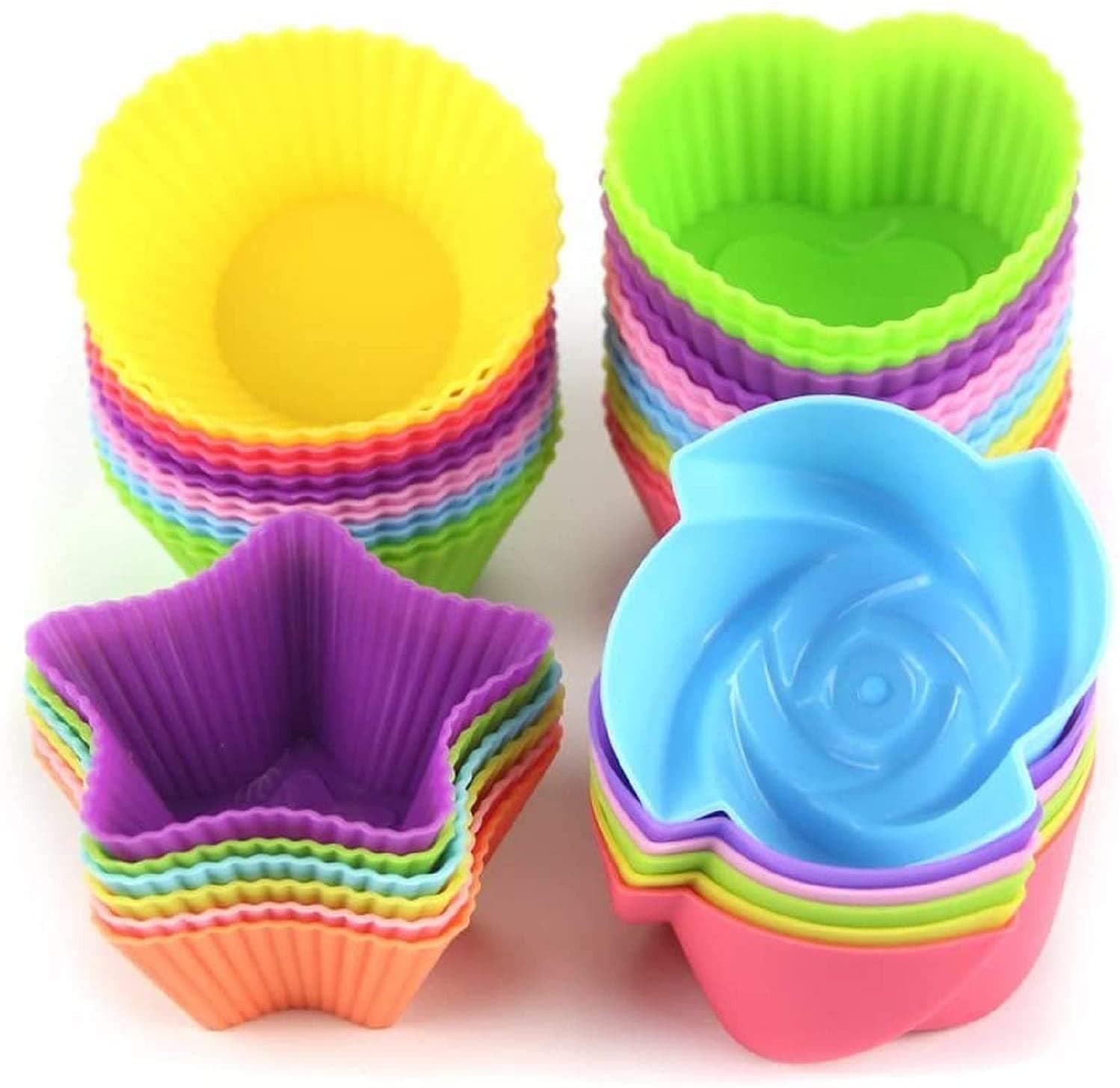 LetGoShop Silicone Cupcake Liners Reusable Baking Cups Nonstick Easy Clean Pastry Muffin Molds 4 Shapes Round, Stars, Heart, Flowers, 24 Pieces Colorful Multicolor