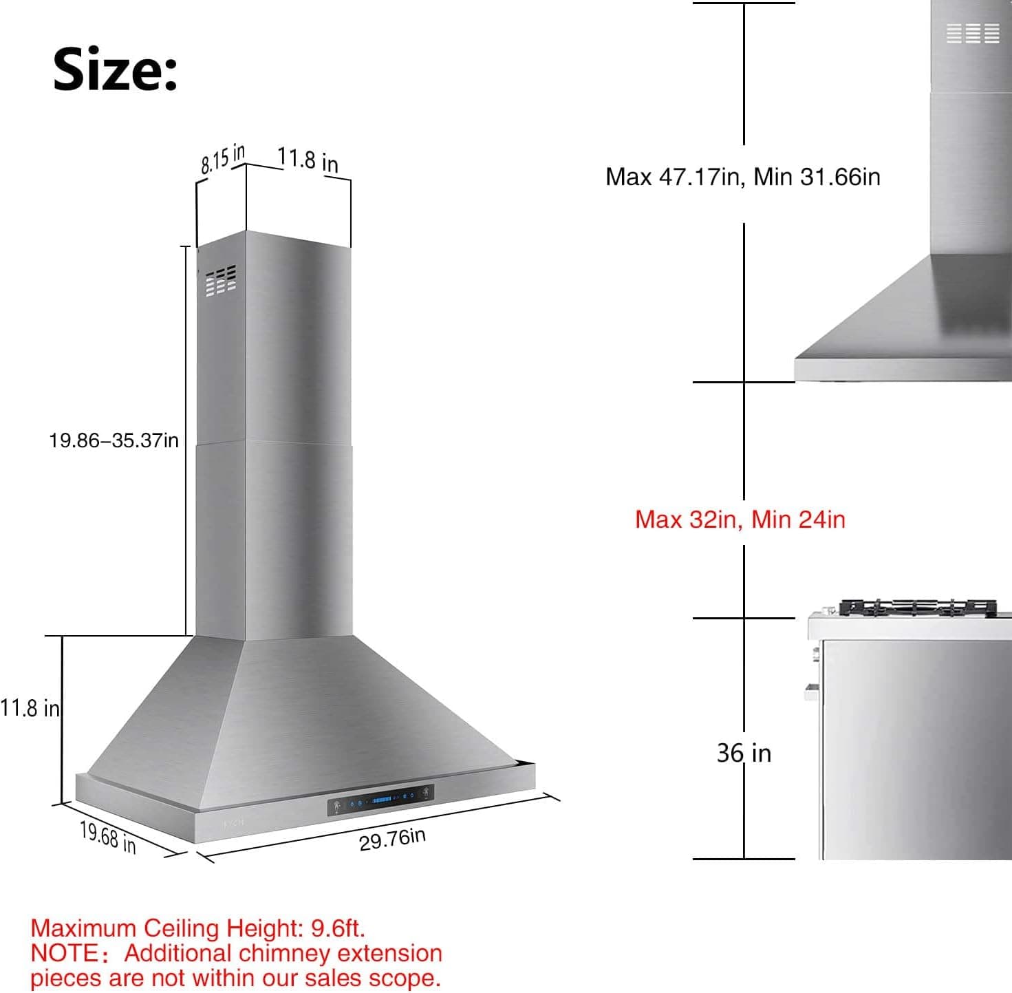IKTCH 30-inch Wall Mount Range Hood 900 CFM Ducted/Ductless Convertible, Kitchen Chimney Vent Stainless Steel with Gesture Sensing & Touch Control Switch Panel, 2 Pcs Adjustable Lights(IKP02-30'') 30" 900CFM Stainless Steel - Image 8