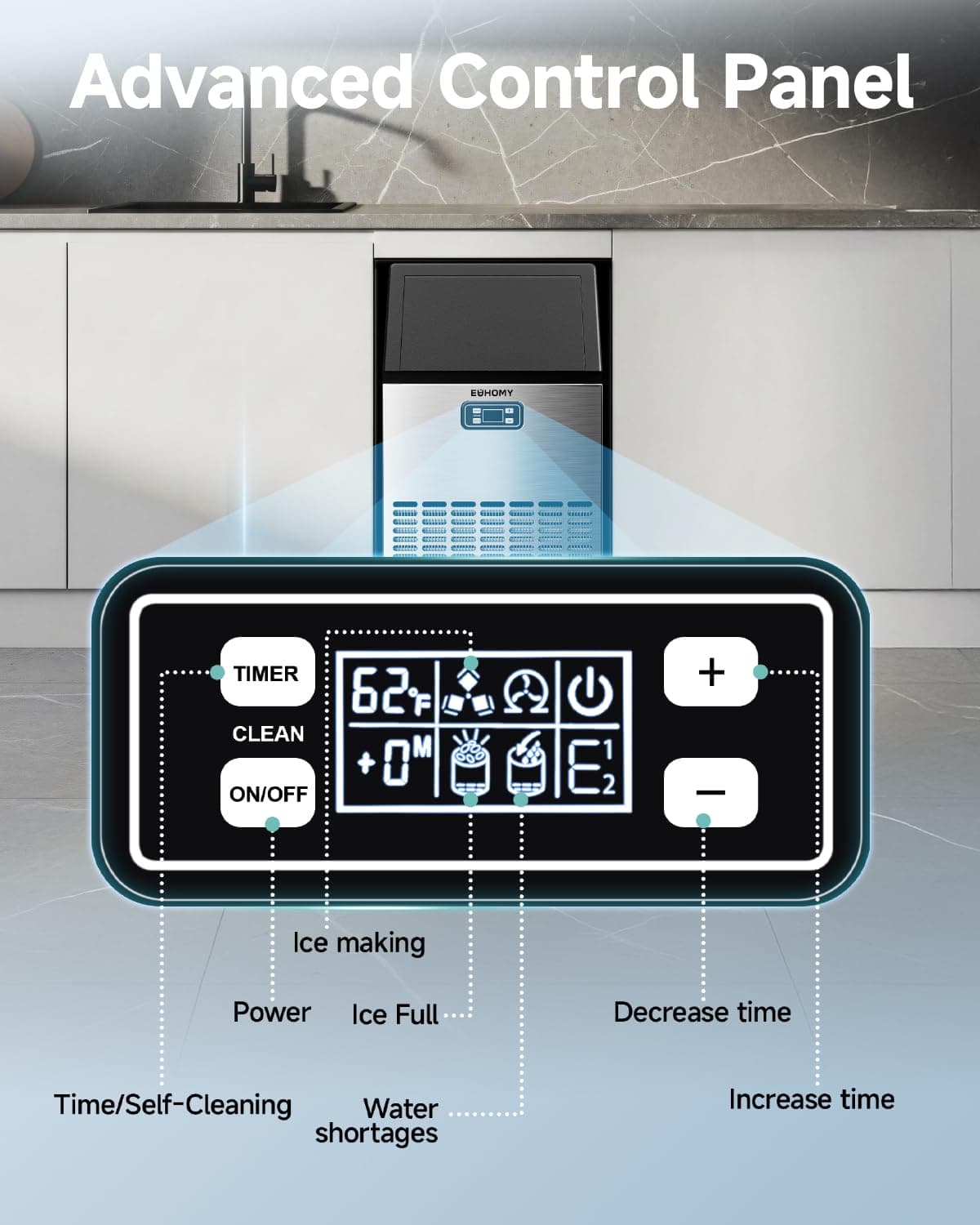 EUHOMY Commercial Ice Maker Machine, 100lbs/24H Stainless Steel Under Counter ice Machine with 33lbs Ice Storage Capacity, Freestanding Ice Maker. - Image 5