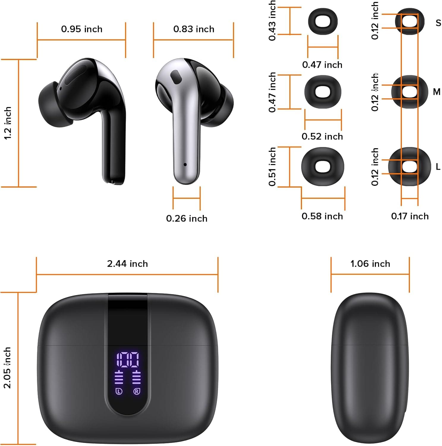 TAGRY Bluetooth Headphones True Wireless Earbuds 60H Playback LED Power Display Earphones with Wireless Charging Case IPX5 Waterproof in-Ear Ear buds with Mic for TV Smart Phone Laptop Computer Sports M Black - Image 9