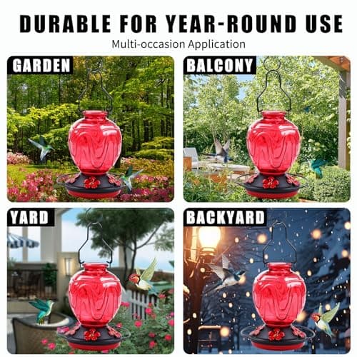 Glass Hummingbird Feeder for Outdoors Hanging, 24Ozs Humming Bird Nectar Feeder w/Perch, 5 Flower Feeding Ports, Leak Proof Base and Hook for Outside Garden Backyard Decor, Gifts for Women Mom, Red - Image 6