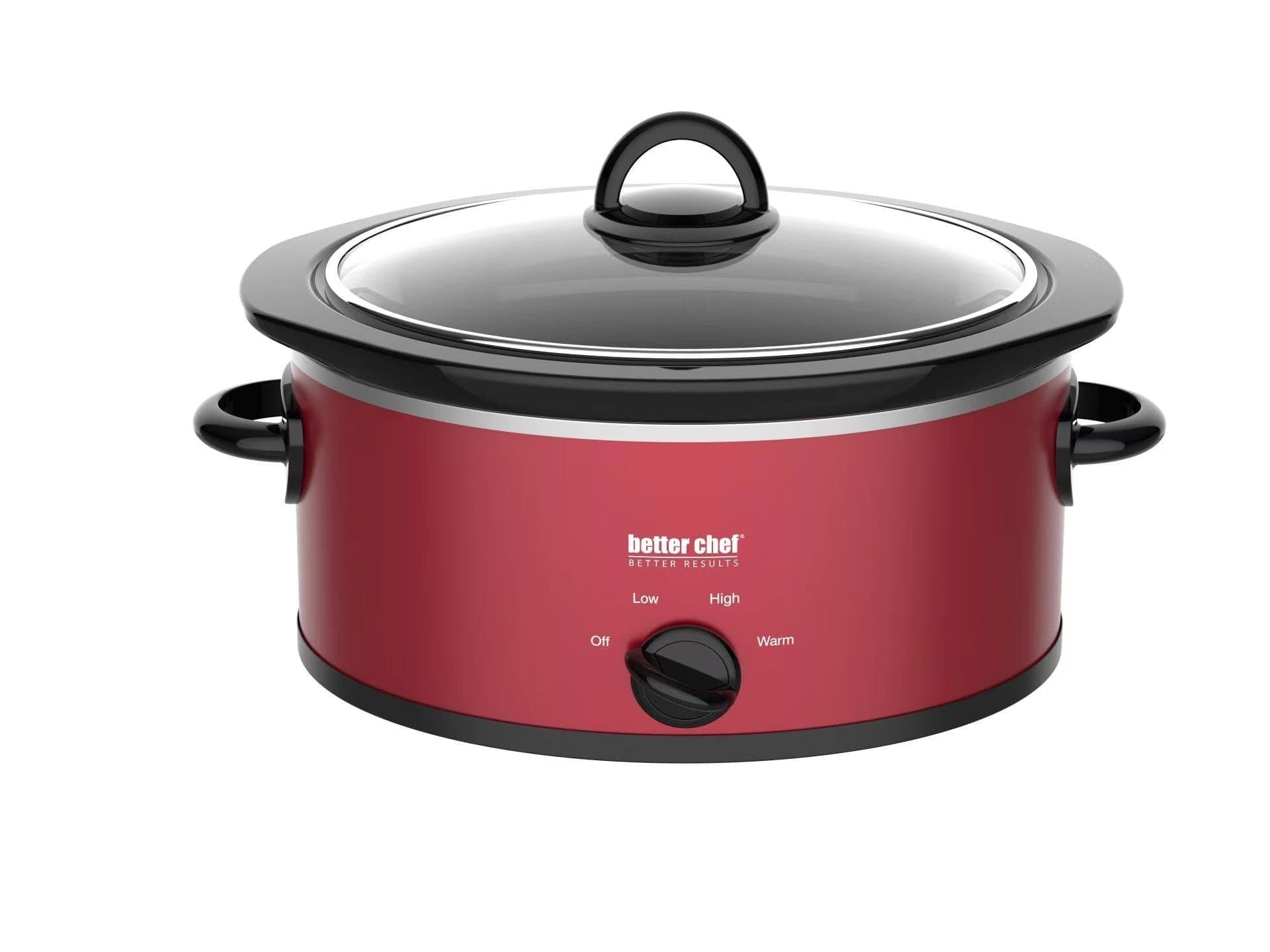 Better Chef Oval Slow Cooker | 3-Quart | 3-Tempature Settings | Side Handles | Glass Lid | Enamel Stoneware Insert (Red)