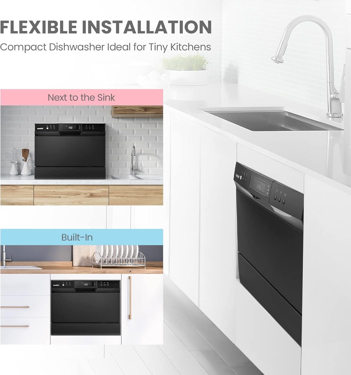 COMFEE’ Countertop Dishwasher, Energy Star Portable Dishwasher, 6 Place Settings & 8 Washing Programs, Speed, Baby-Care, ECO& Glass, Dish Washer for Dorm, RV& Apartment, Black Whole Black - Image 4