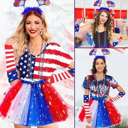 Maazusa July 4 Poncho Costume Accessories, Adult Poncho, Women's American Layered Headdress, Layered Necklace, Stockings, Sleeves for Independence Day Woman Girl - Image 8