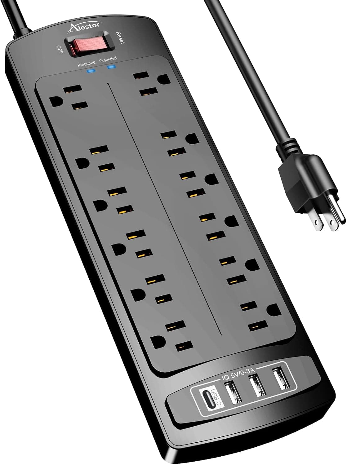 Power Strip, ALESTOR Surge Protector with 12 Outlets and 4 USB Ports, 6 Feet Extension Cord (1875W/15A), 2700 Joules, ETL Listed, Black 6 Ft Black - Image 2