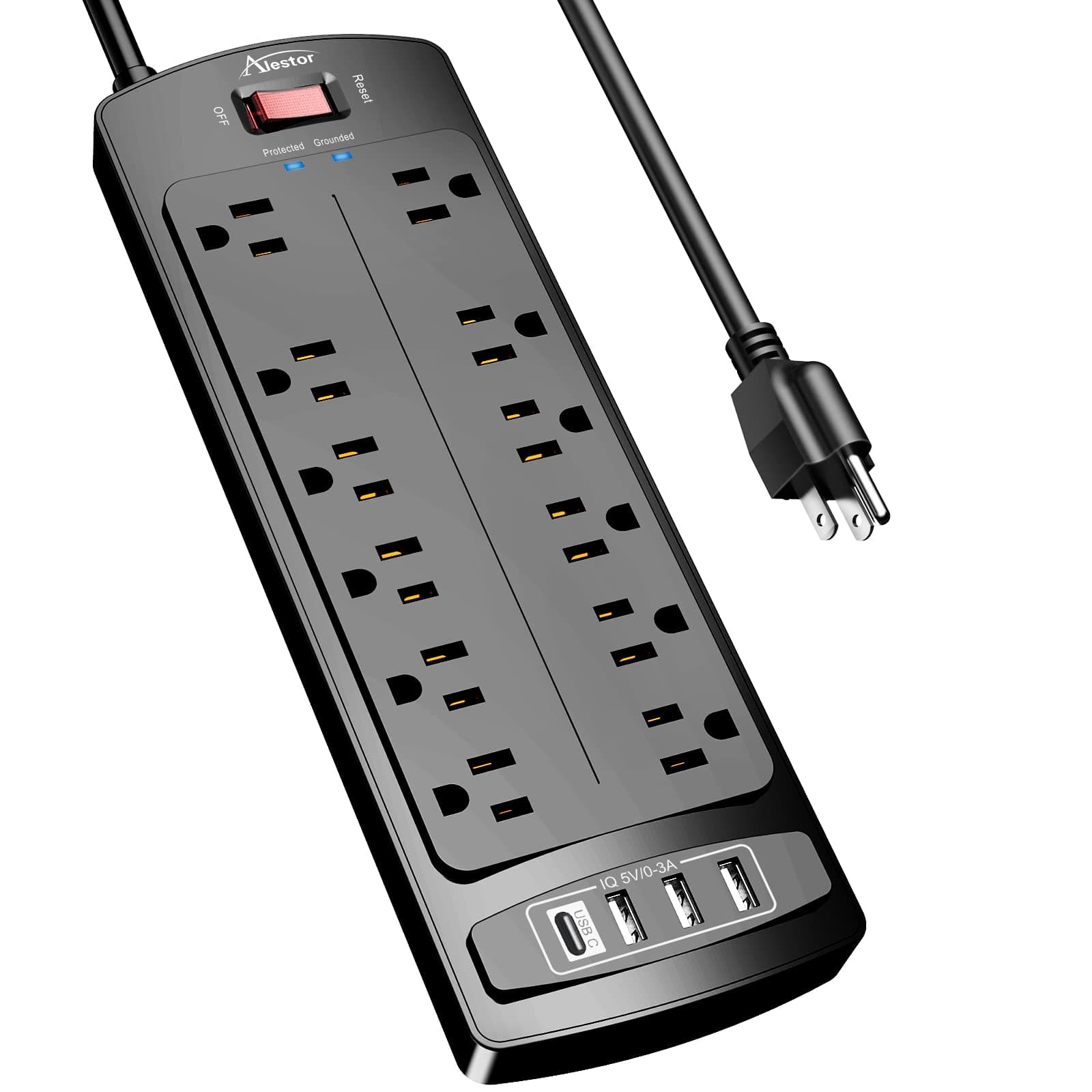 Power Strip, ALESTOR Surge Protector with 12 Outlets and 4 USB Ports, 6 Feet Extension Cord (1875W/15A), 2700 Joules, ETL Listed, Black 6 Ft Black