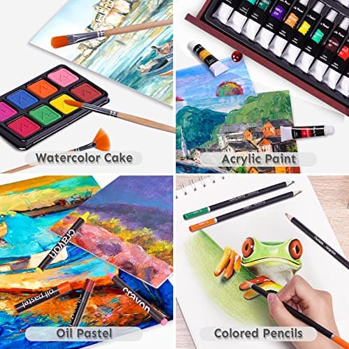Color More 175 Piece Deluxe Art Set with 2 Drawing Pads, Acrylic Paints, Crayons, Colored Pencils, Paint Set in Wooden Case, Professional Art Kit, Art Supplies for Adults, Teens and Artist, WoodMuse Plus - Image 3