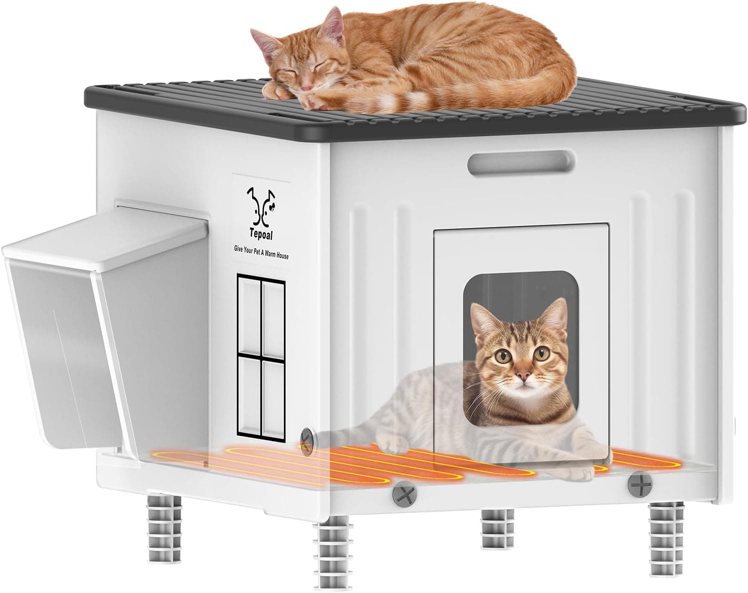 Heated Cat House for Outside, High Insulated Heated Outdoor Cat Shelter 100% Weatherproof with Escape Door, Elevated Outdoor Cat House with Heater for Feral Stray Barn Cat Kitty 17.7"x17"x17.5" Size 17.7" X 17" X 17.5" - Image 2