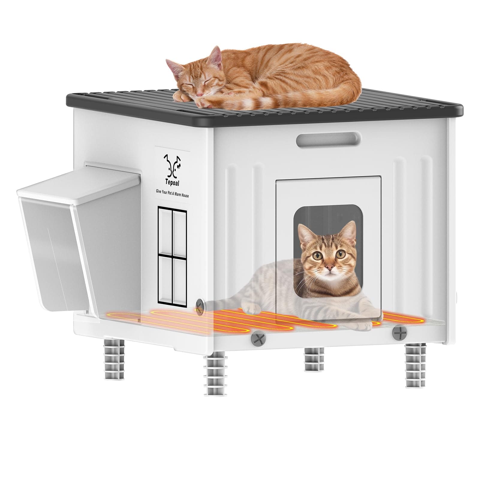 Heated Cat House for Outside, High Insulated Heated Outdoor Cat Shelter 100% Weatherproof with Escape Door, Elevated Outdoor Cat House with Heater for Feral Stray Barn Cat Kitty 17.7"x17"x17.5" Size 17.7" X 17" X 17.5"