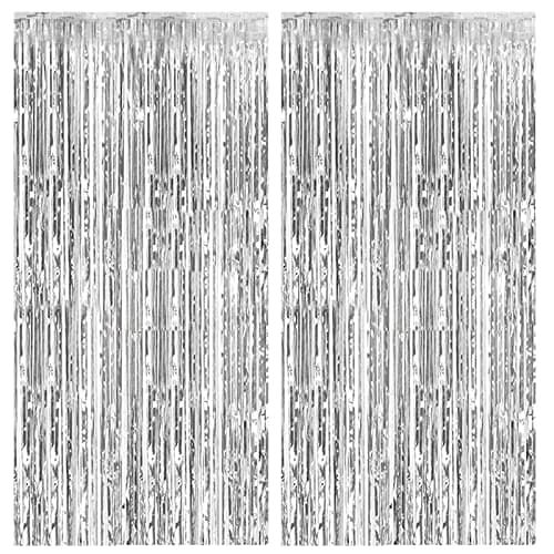 2 Pack Foil Curtain Backdrop Silver Metallic Tinsel Foil Fringe Curtains Photo Booth Props for Birthday Wedding Engagement Baby Shower Bachelorette Christmas Holiday Celebration Party Decorations