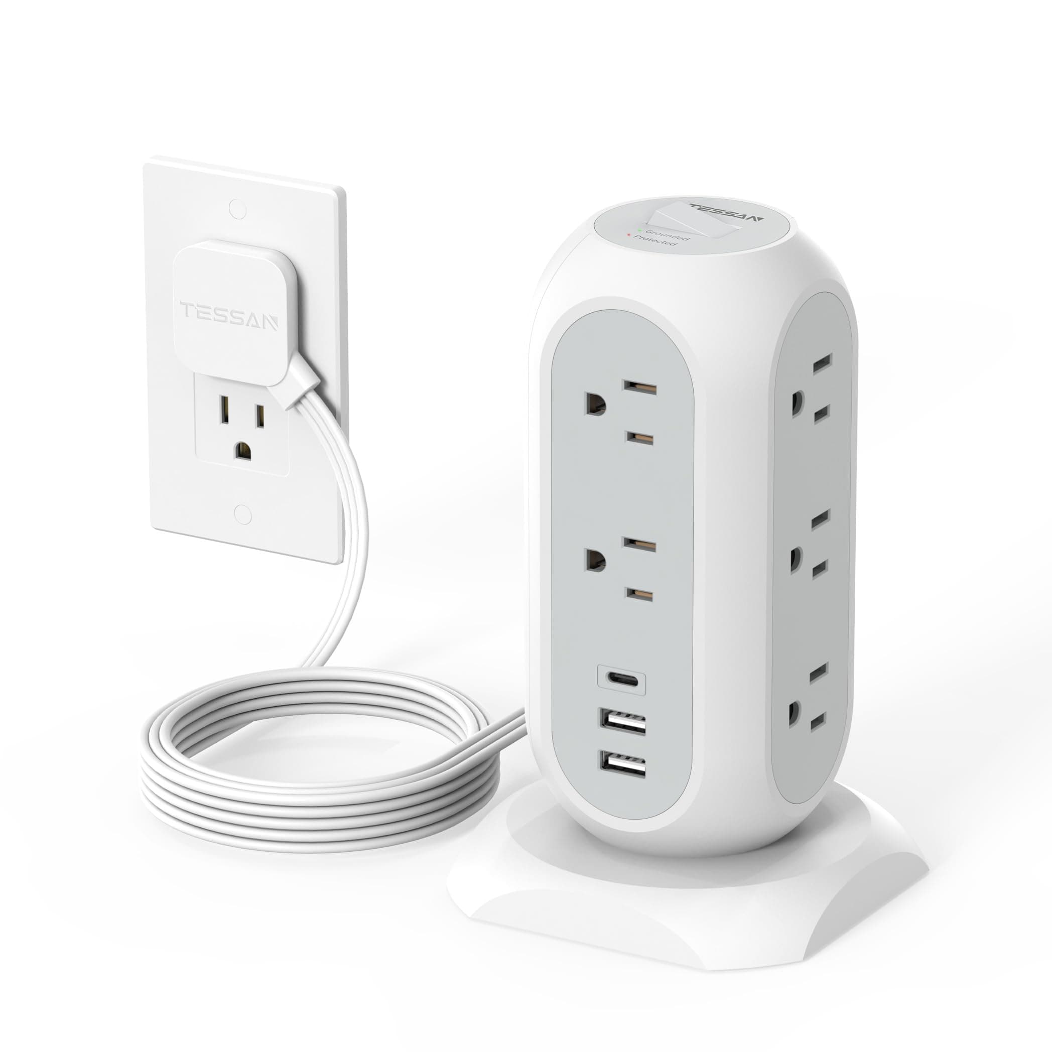 Tower Power Strip Flat Plug with 11 Outlets 3 USB (1 USB C), TESSAN Surge Protector Tower 1625W/13A,1050J Protection, 6 Feet Extension Cord with Multiple Outlets, Office Desk Supplies, Dorm Essentials 6 Feet White