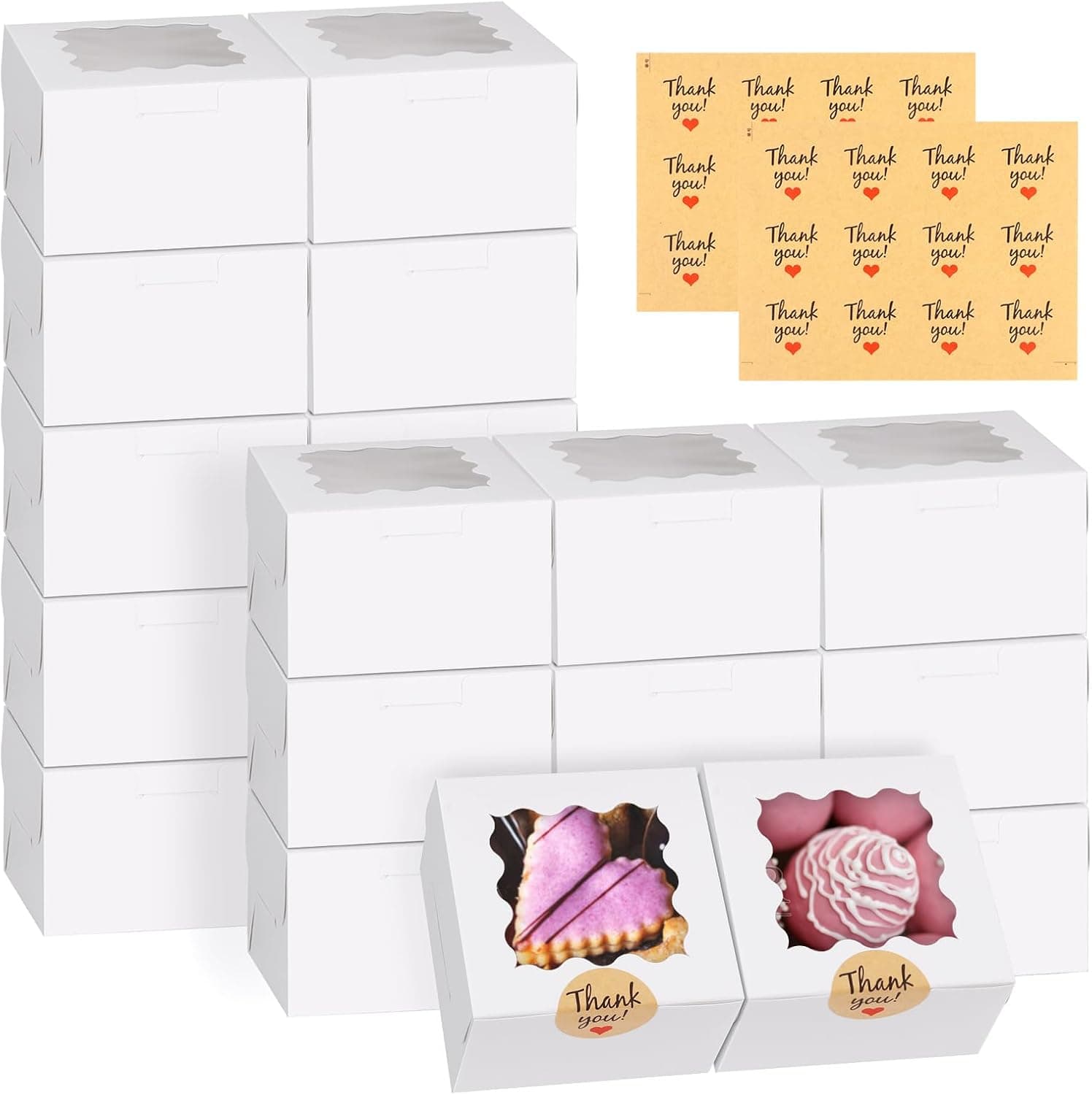 WINKIO 24pcs White Cookie Boxes, 4x4x2.5 Inches Bakery Boxes with Window, for Mini Cake Treat Dessert Pastry Donuts Macaroon Strawberries Chocolate Candy (with Stickers) white 4x4x2.5 inches 24 - Image 9