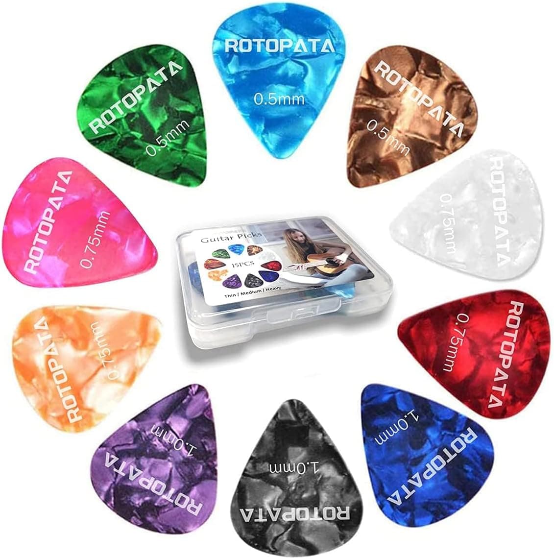 ROTOPATA Guitar Picks with Organizer Storage Box, 0.5 0.75 1.0 mm Thin Medium Heavy Plectrums, Colorful Celluloid Guitar Accessories for Bass Electric Acoustic Guitars Ukulele, 12 Pack - Image 2