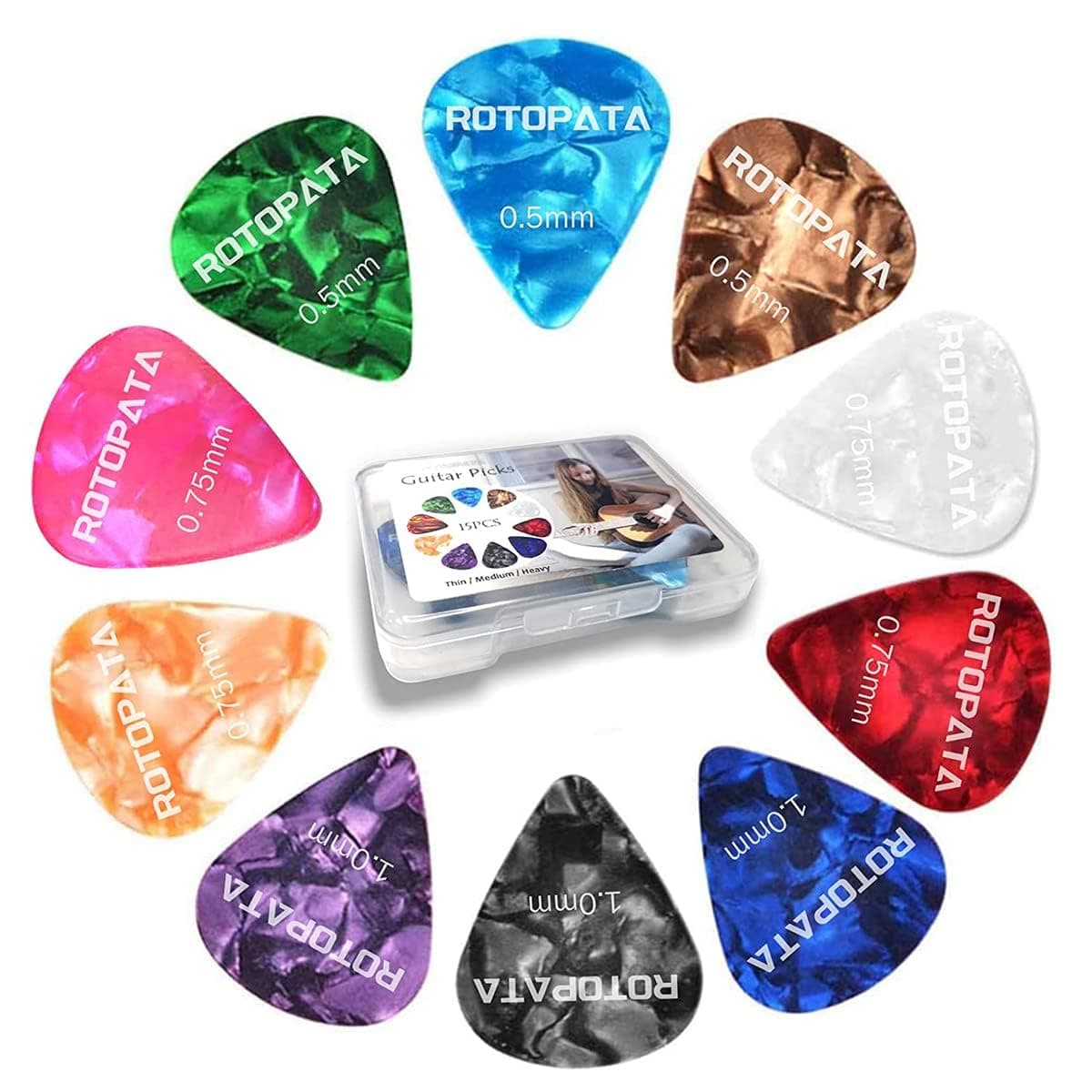 ROTOPATA Guitar Picks with Organizer Storage Box, 0.5 0.75 1.0 mm Thin Medium Heavy Plectrums, Colorful Celluloid Guitar Accessories for Bass Electric Acoustic Guitars Ukulele, 12 Pack