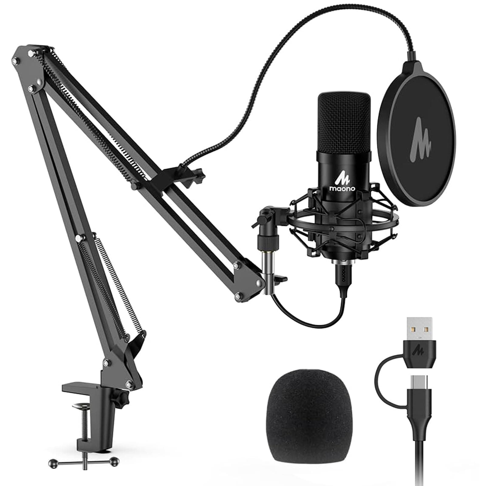 USB Microphone, MAONO 192KHZ/24Bit Plug & Play PC Computer Podcast Condenser Cardioid Metal Mic Kit with Professional Sound Chipset for Recording, Gaming, Singing, YouTube (AU-A04) A04 Mic Black