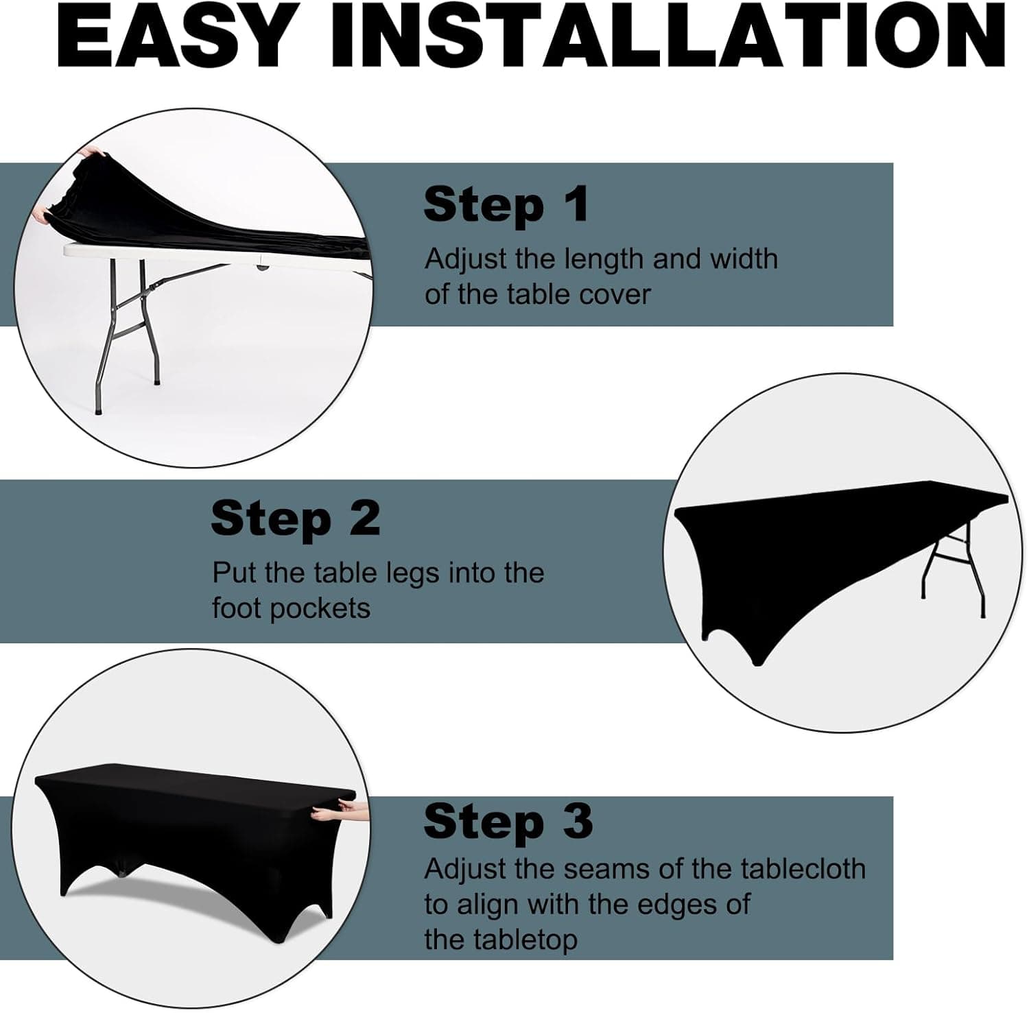 Trlyc 2件装 6英尺氨纶桌布 - 72 x 30英寸矩形拉伸桌布，抗皱拉伸桌罩，适用于婚礼、派对、宴会、野餐、户外装饰 (2件，黑色) 72" x 30" (6英尺 - 2件装) 黑色 - Image 6