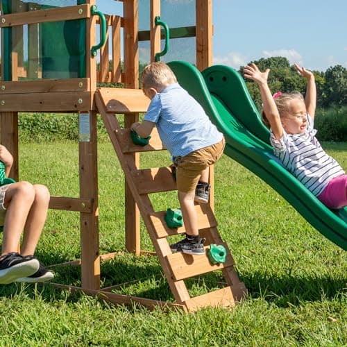 Backyard Discovery Buckley Hill Cedar Wood Swing Set with Wave Slide, Play Deck, Rock Wall Ladder, Belt Swings, Chalkboard, Canopy Roof, Outdoor Playset - Image 7