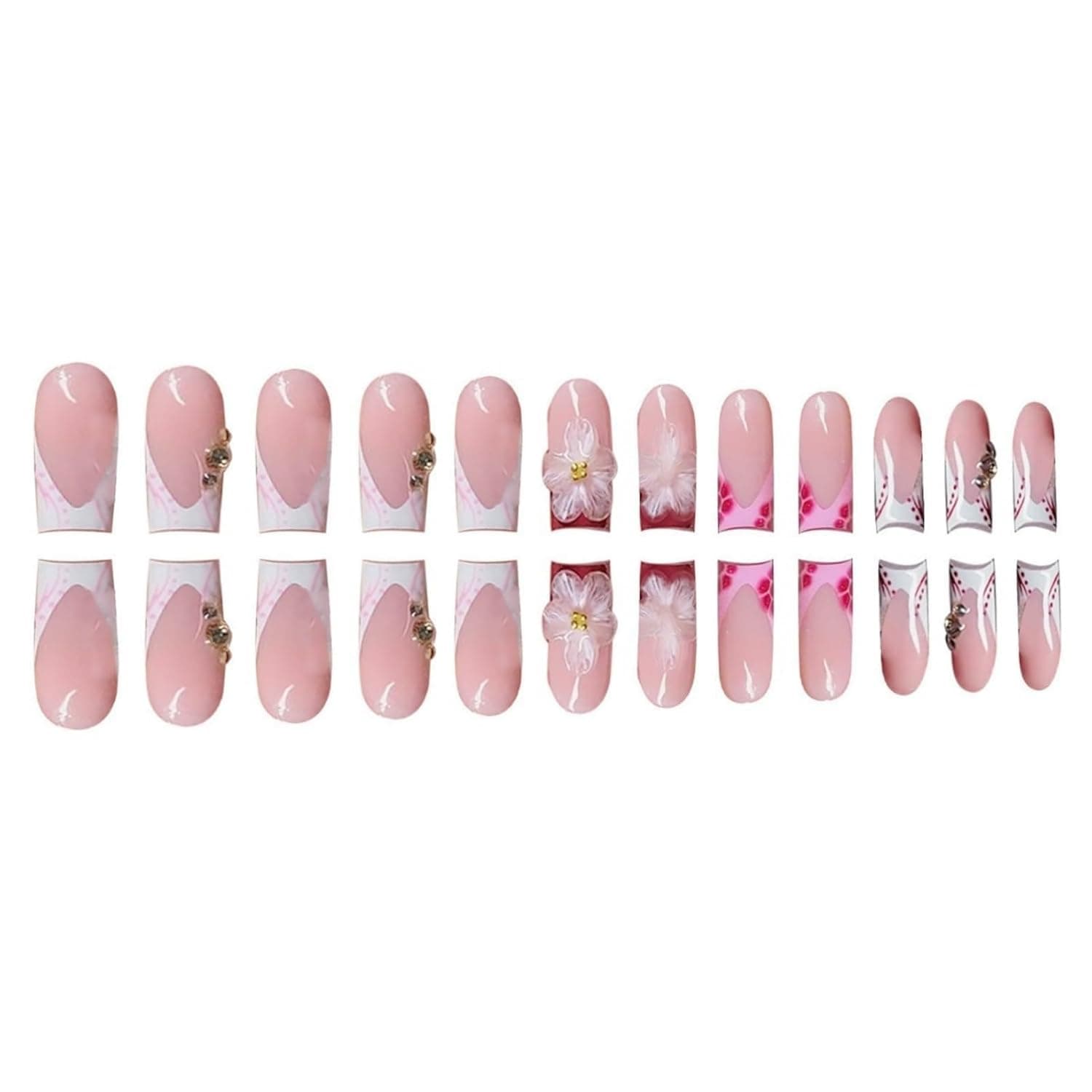 French Tip Press on Nails Long Square Fake Nails Press ons Red Acrylic Nail Flowers With Designs Stick on Nail for Women 24pcs B01-Red7 - Image 4