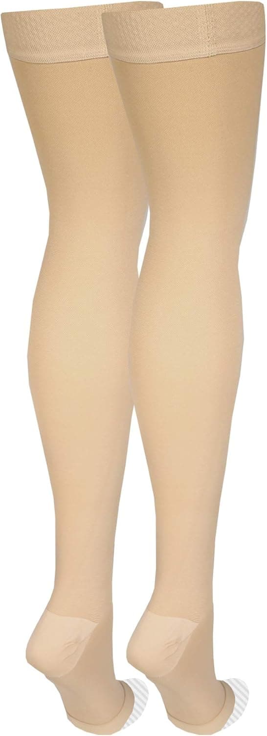 Amazon Basic Care Medical Compression Stockings, 20-30 mmHg Support, Women & Men Thigh Length Hose, Open Toe, Beige, Medium (Previously NuVein) - Image 7