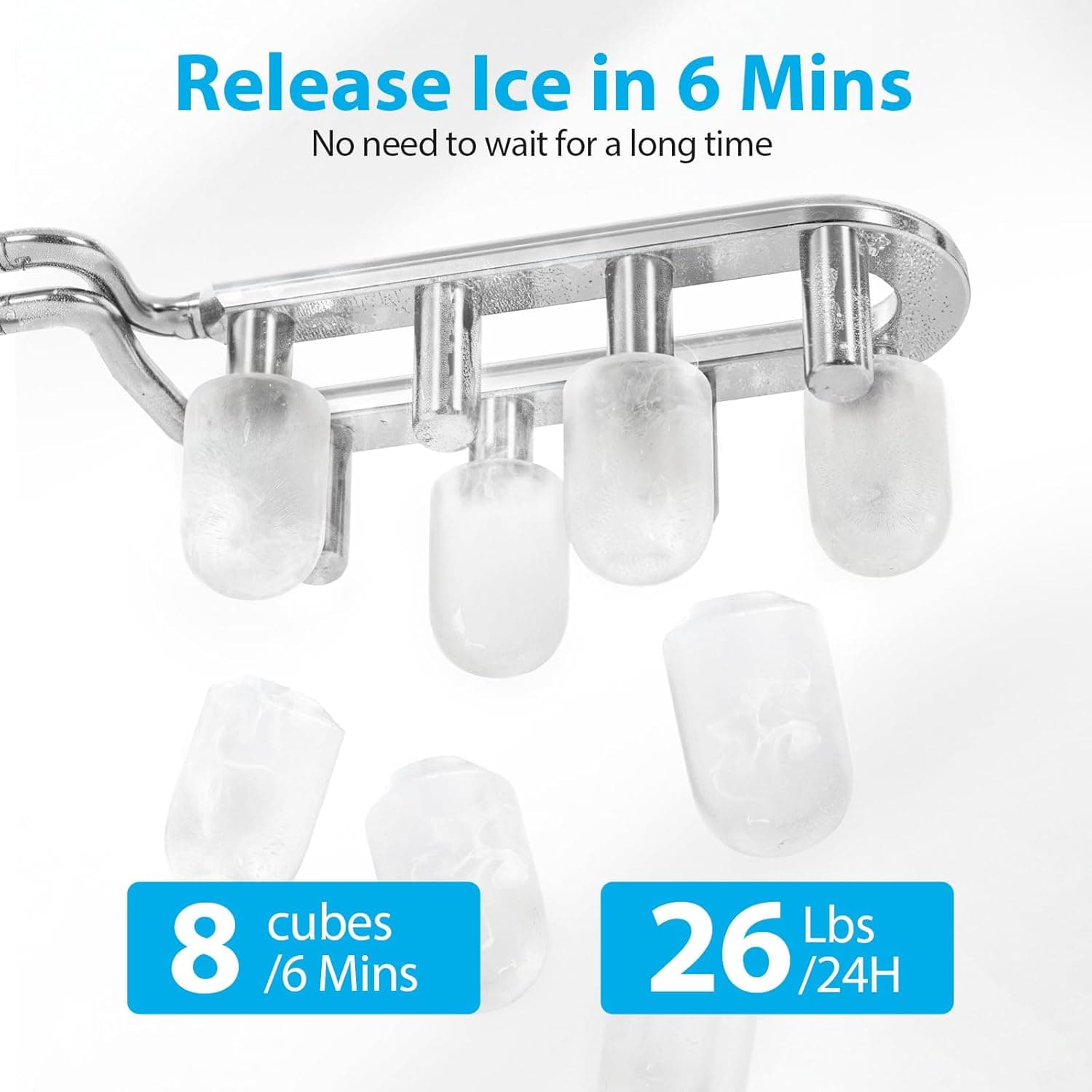 Aeitto Ice Maker Countertop 26lbs/24H, Ice Machine 8 Ice Cubes Ready in 6 Mins, 2 Sizes of Bullet Ice Portable Ice Makers with Basket & Scoop, Auto Self-Cleaning for Home/Kitchen/Office Stainless - Image 3