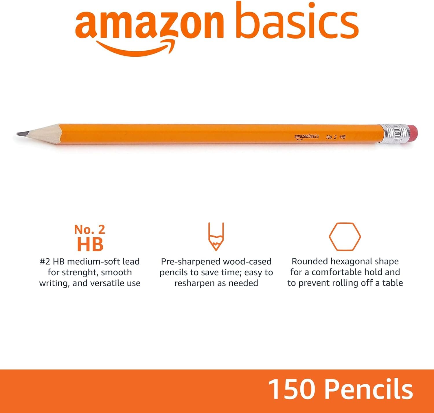 Amazon Basics Wood-Cased #2 Pencils, Pre-sharpened, HB Lead Bulk Box, 150 Count, Yellow - Image 2