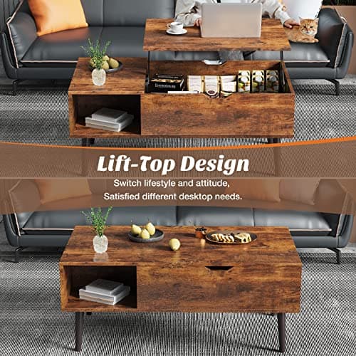 Sweetcrispy Coffee Table, Lift Top Coffee Tables for Living Room, Small Rising Wooden Dining Center Tables with Storage Shelf and Hidden Compartment, Brown - Image 5