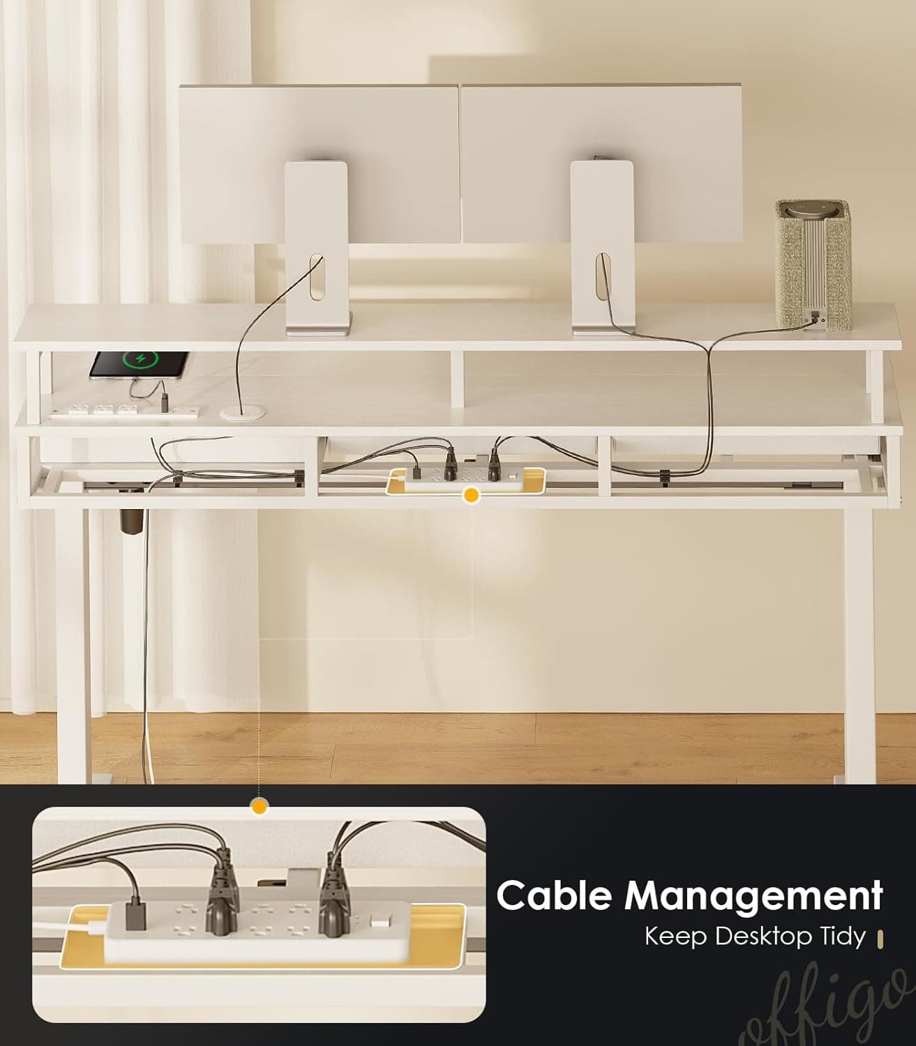 OffiGo Electric Standing Desk with Drawers, 55 Inch Height Adjustable Desk with Power Outlets & LED Lights, Sit Stand Table with Monitor Stand for Home, Office, Workstation, White White 55 Inch - Image 9