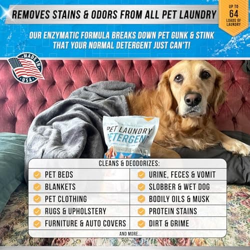 Pet Laundry Detergent Odor Remover - ACTIVE Enzyme Based Powder Detergent for Dogs Beds, Cat Pee, HE Washer Friendly Natural Enzymatic Deodorizer, Urine, Smell, Dog Drool, Stain Eliminator - 64 Loads - Image 2