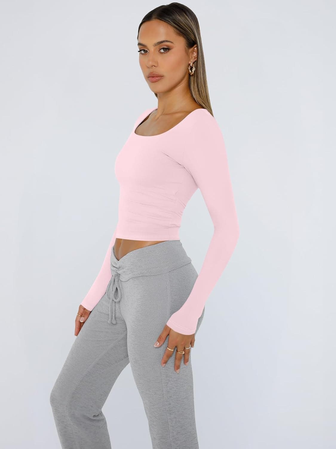 Trendy Queen Womens Long Sleeve Shirts Crop Tops Fall Fashion 2025 Square Neck Going Out Basics Tees Y2k Clothes Small Pink - Image 4