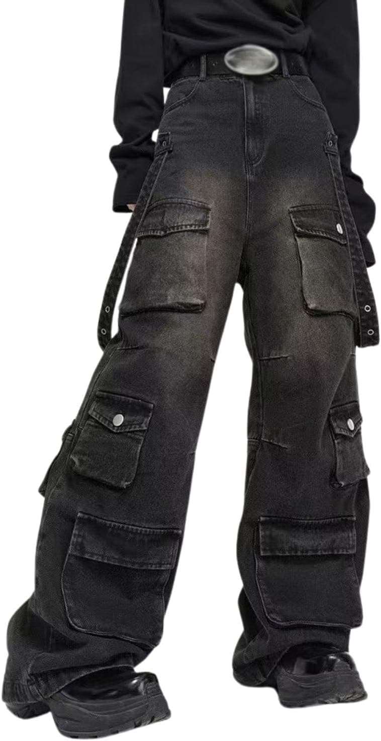 Baggy Cargo Pants for Men Women Wide Leg Jeans Y2k Hip Hop High Waisted Pants Casual Streetwear Grunge Clothes Black Large Black - Image 2