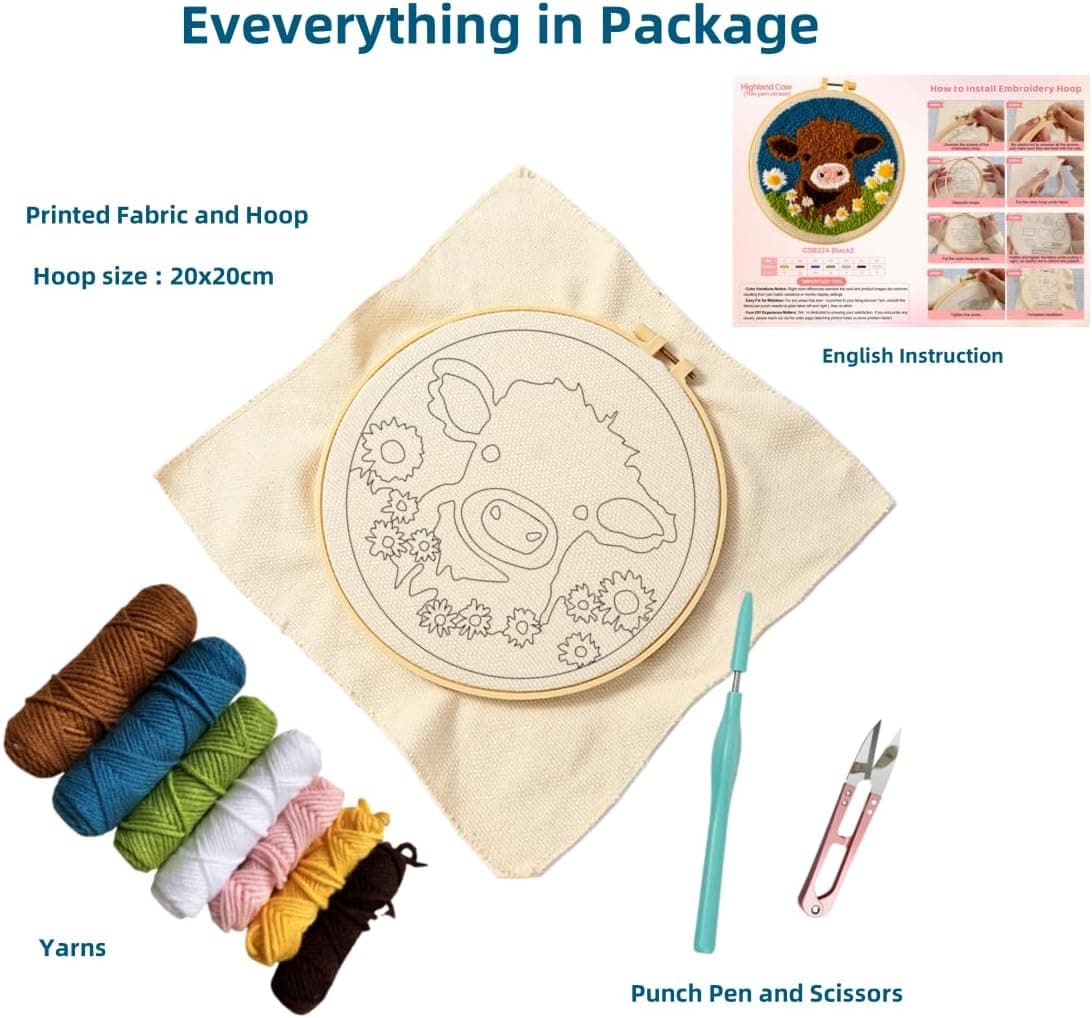 DIY Punch Needle Kits for Beginners Cute Cartoon Highland Cow with Daisy Flower with Hoop Embroidery Punch Needle Starter Craft Set Easy for Adults and Children Festival Gift and Decoration 20x20cm-1 01-Highland Cow - Image 3