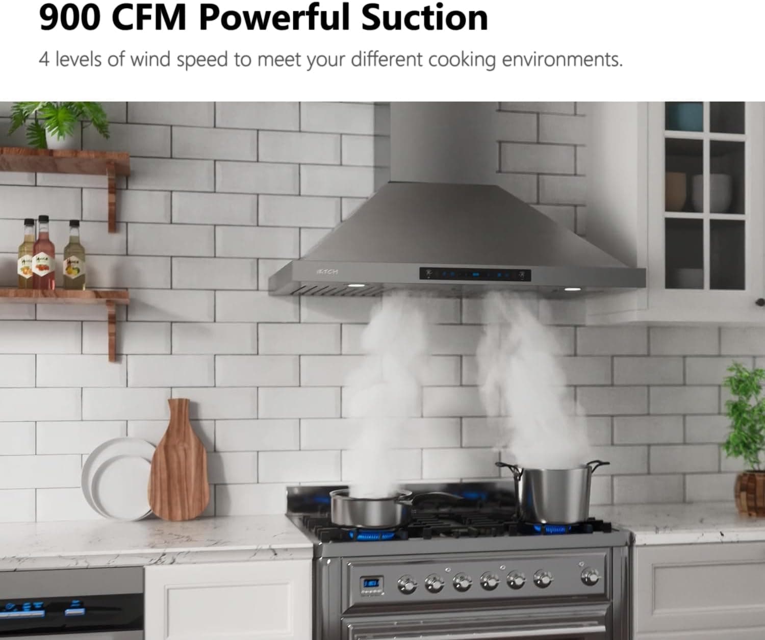 IKTCH 30-inch Wall Mount Range Hood 900 CFM Ducted/Ductless Convertible, Kitchen Chimney Vent Stainless Steel with Gesture Sensing & Touch Control Switch Panel, 2 Pcs Adjustable Lights(IKP02-30'') 30" 900CFM Stainless Steel - Image 3