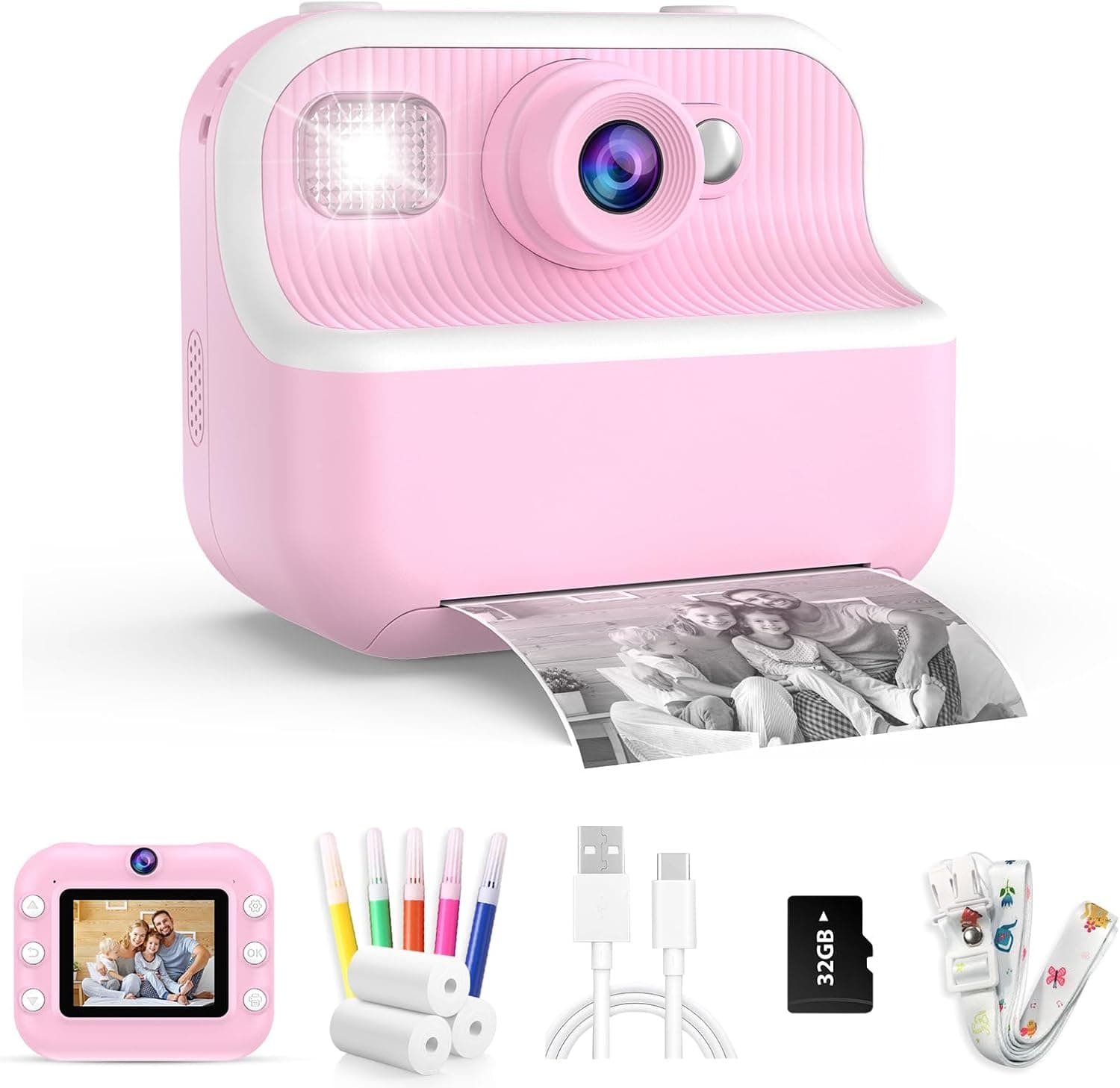 Kids Camera Instant Print,1080P HD Dual Lens Selfie Camera Toys for Girls & Boys Ages 3-12, Instant Photo Printing with 3 Rolls of Paper & 32GB Card, Christmas Birthday Gift for Toddlers (Pink) - Image 2