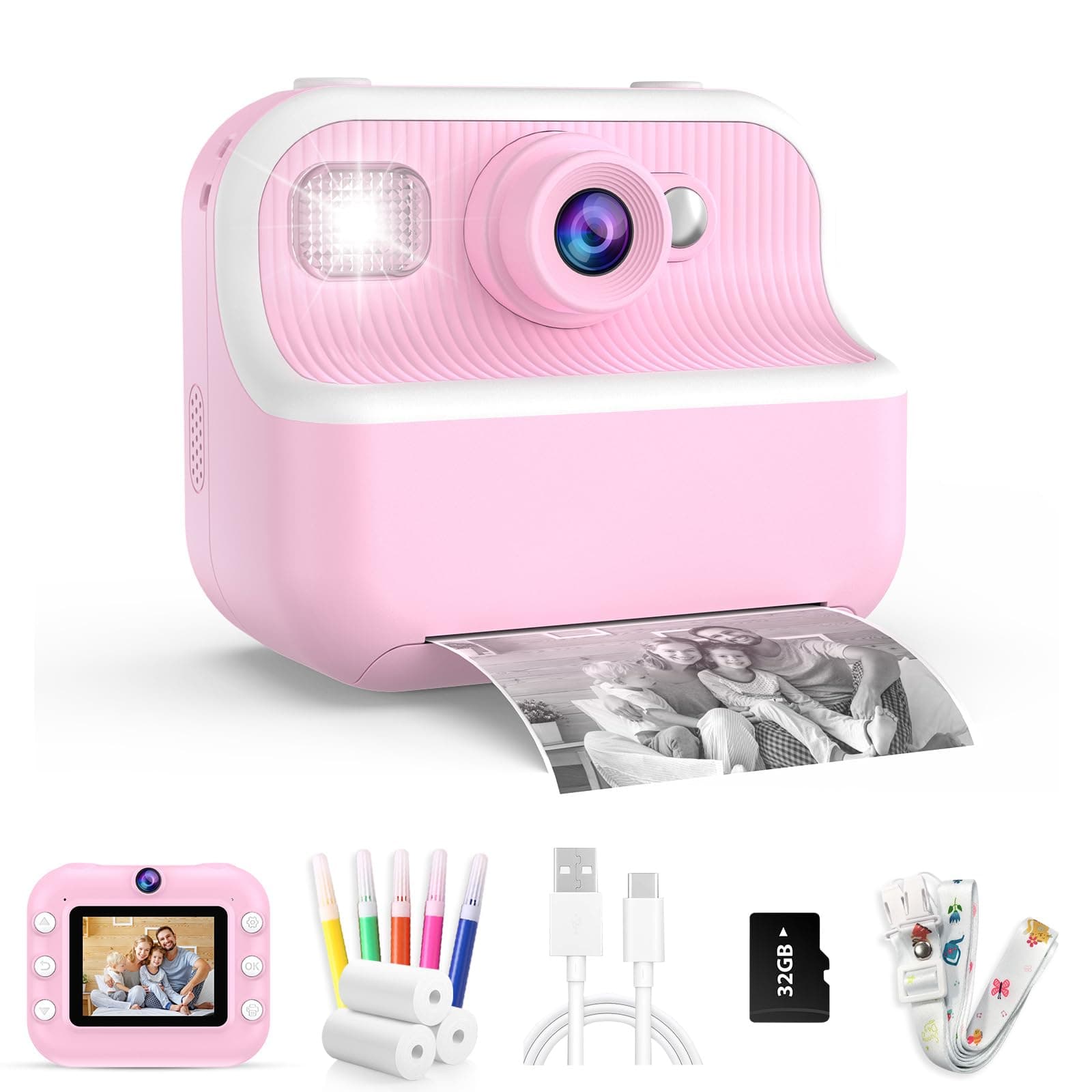 Kids Camera Instant Print,1080P HD Dual Lens Selfie Camera Toys for Girls & Boys Ages 3-12, Instant Photo Printing with 3 Rolls of Paper & 32GB Card, Christmas Birthday Gift for Toddlers (Pink)