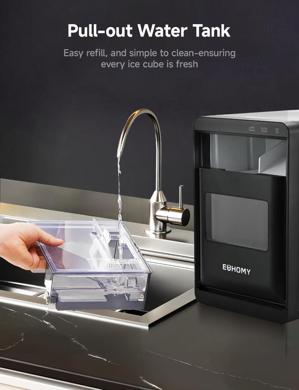 EUHOMY Máquina de Hielo en Nugget de Encimera, 40Lbs/24H Máquina de Hielo en Pebbles, Máquinas de Hielo Sónicas de Encimera con Cucharón y Canasta, Máquina de Hielo en Pellets para Hogar/Cocina/Oficina Negra 40LBS/Día - Image 6