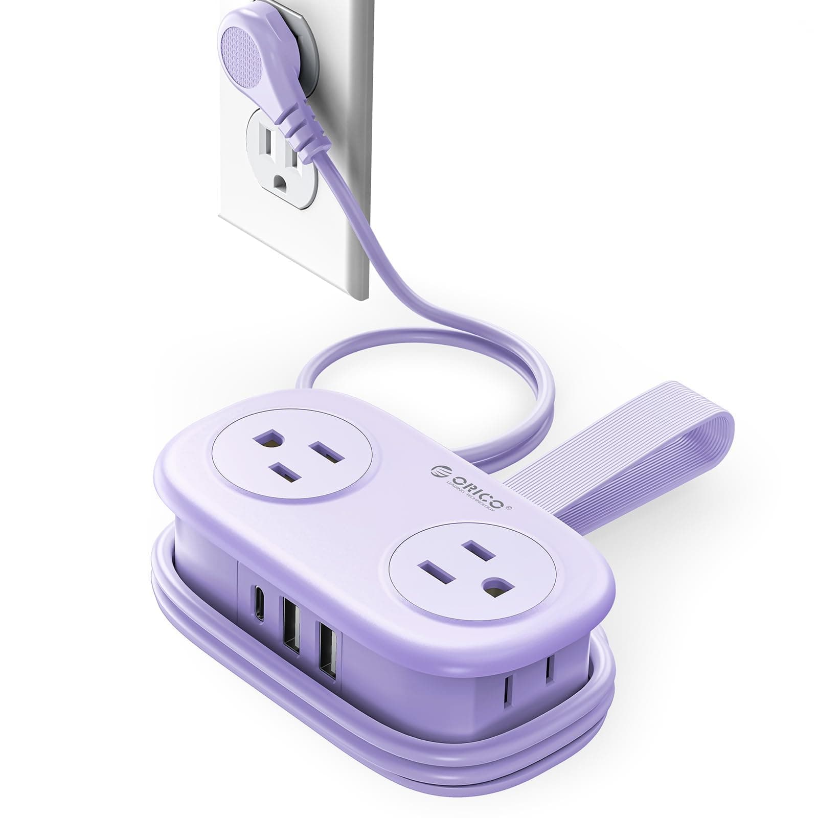 ORICO 4FT Purple Travel Power Strip with 4 AC Outlets, 2 USB-A Ports, and 1 USB-C Port, 45° Flat Plug Extension Cord with Non Surge Protector for Travel/Home/Dorm/Office-AP3 Purple 1 USB-C 2 USB-A | 4 Outlets