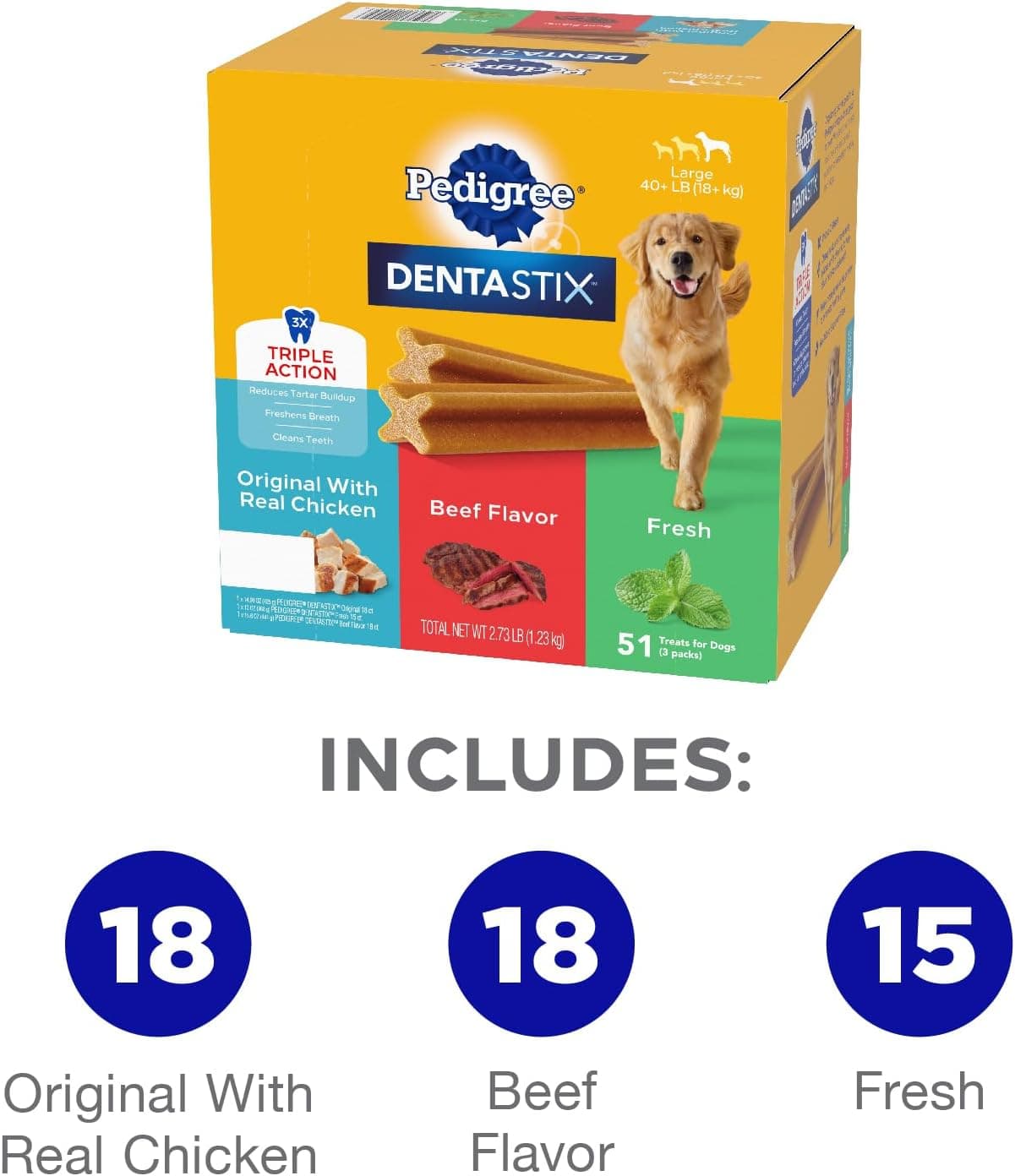Pedigree Dentastix Large Breed Dog Treats, Original, Beef & Fresh Flavor, 2.73 lb. Variety Pack (51 Treats) Variety Pack 51 Count (Pack of 1) - Image 3