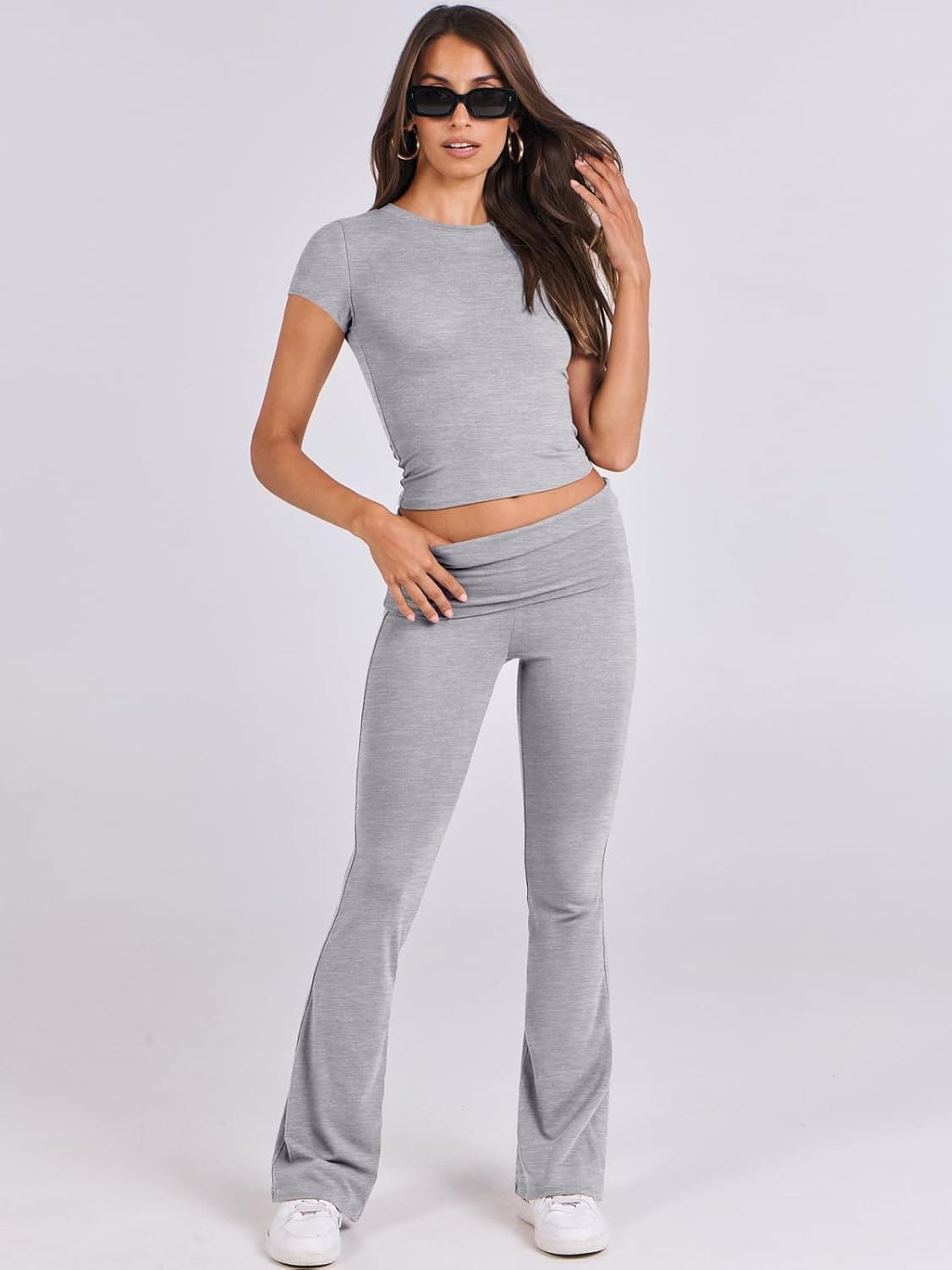 ANRABESS Lounge Sets for Women 2 Piece Foldover Yoga Flare Leggings Pants Crop Tops Casual Y2K Outfits Matching Tracksuit Set Medium Grey - Image 8