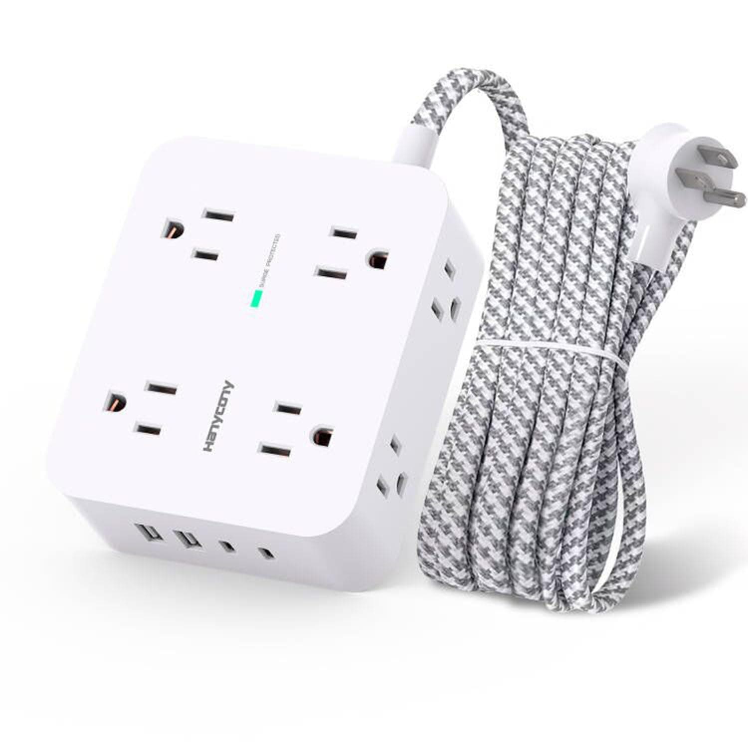 Surge Protector Power Strip - HANYCONY 8 Outlets 4 USB (2 USB C) Charging Ports, Multi Plug Outlet Extender, 5Ft Braided Extension Cord, Flat Plug Wall Mount Desk Charging Station for Home Office ETL 5Ft White