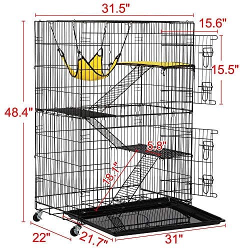 Yaheetech 49'' Collapsible Cat Cage 4-Tier Metal Cat Kennel Ferret Enclosure Chinchilla Cage with Rotating Casters/Ramp/Ladders/Hammock for Indoor Kitten - Image 4